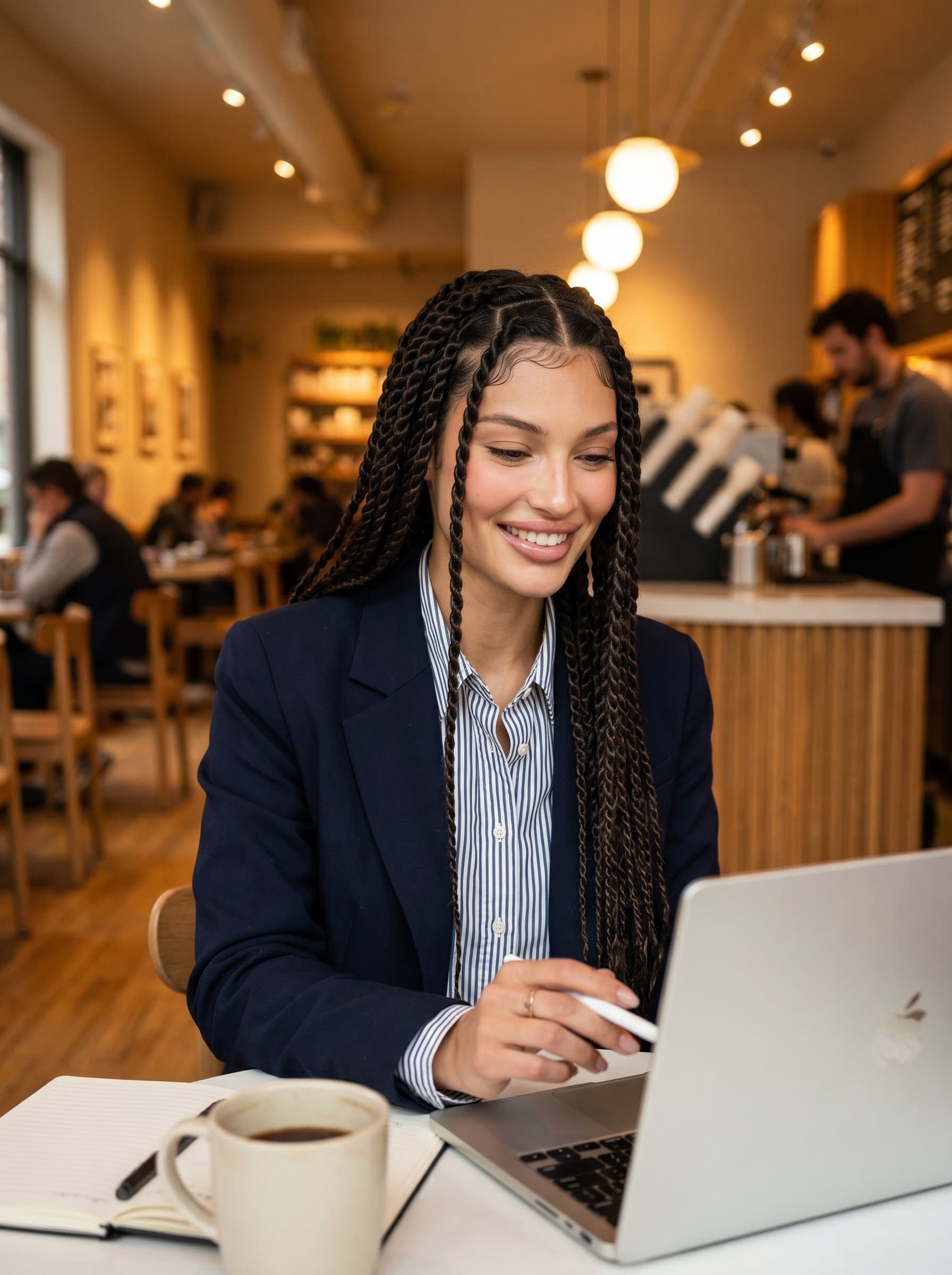 Design a headshot for a mortgage broker with a casual vibe, dressed in business-casual attire, sitting in a coffee shop, using a laptop, exuding approachability and a relaxed yet professional aura.