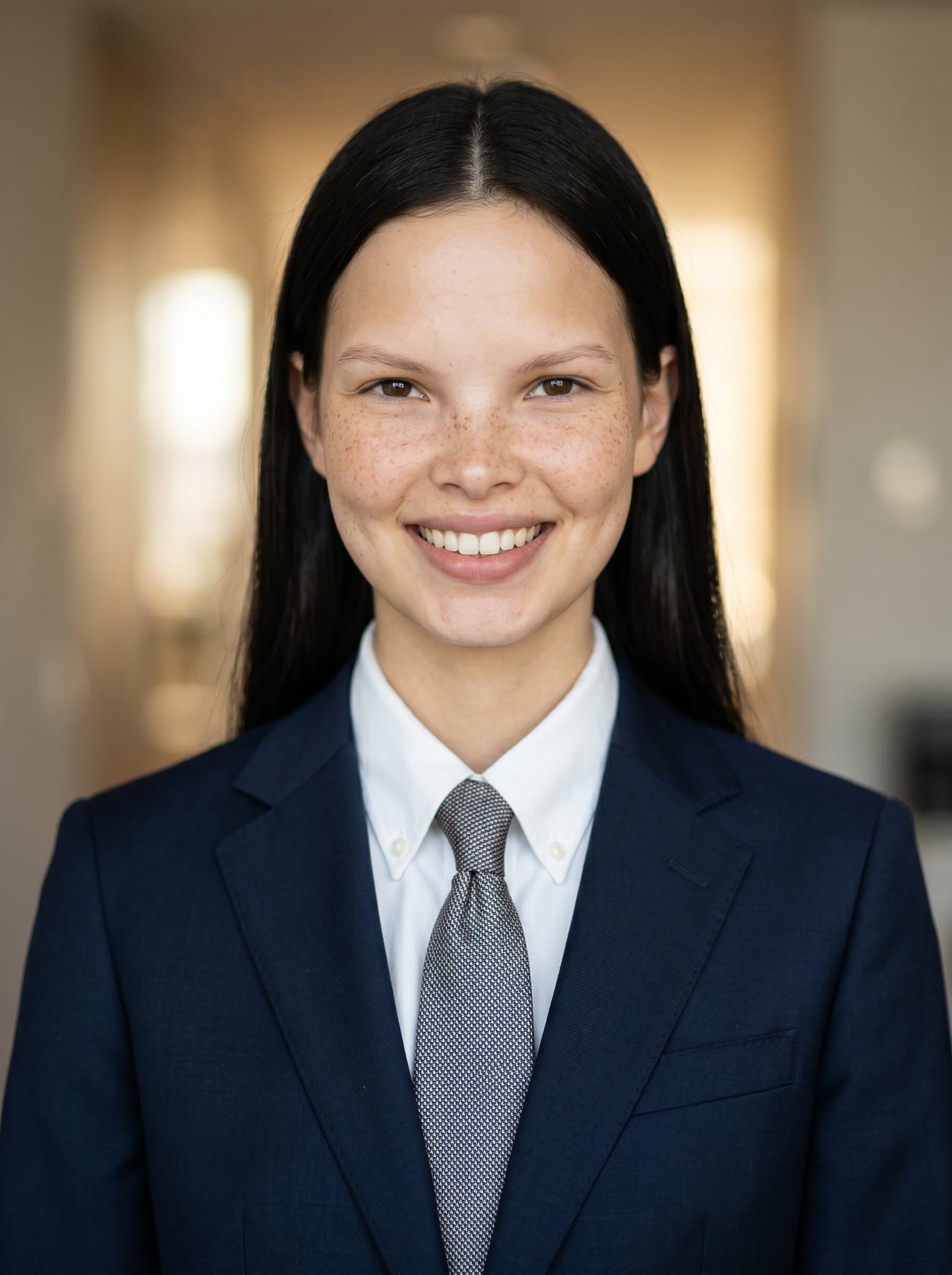 Create a headshot of a mortgage broker, capturing a classic elegance, with a dark navy suit and crisp white shirt, against a neutral blurred background, projecting reliability and competence.