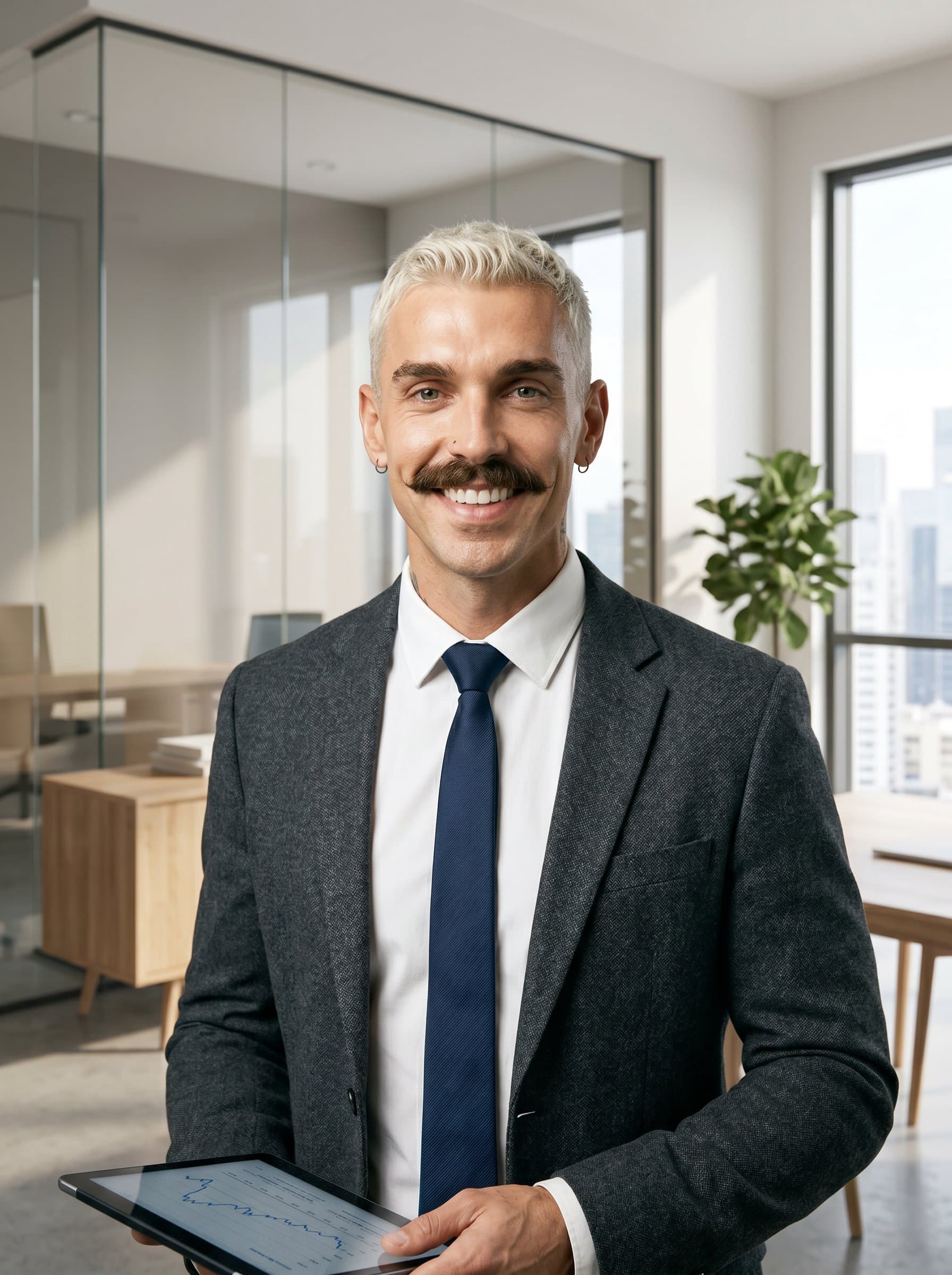 Develop a headshot for a mortgage broker in a modern office environment, with clean lines and neutral tones, portraying a sense of calm confidence and contemporary professionalism.