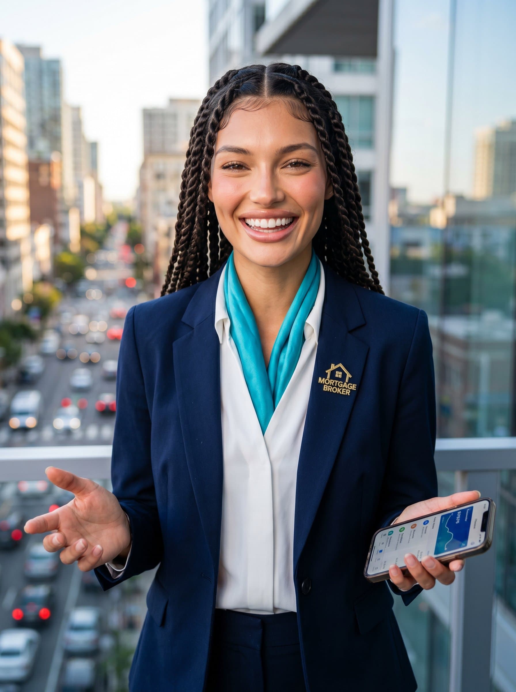 Craft a headshot of a mortgage broker with a vibrant style, set against a lively cityscape, with the broker smiling confidently, conveying enthusiasm and an energetic approach to helping clients.