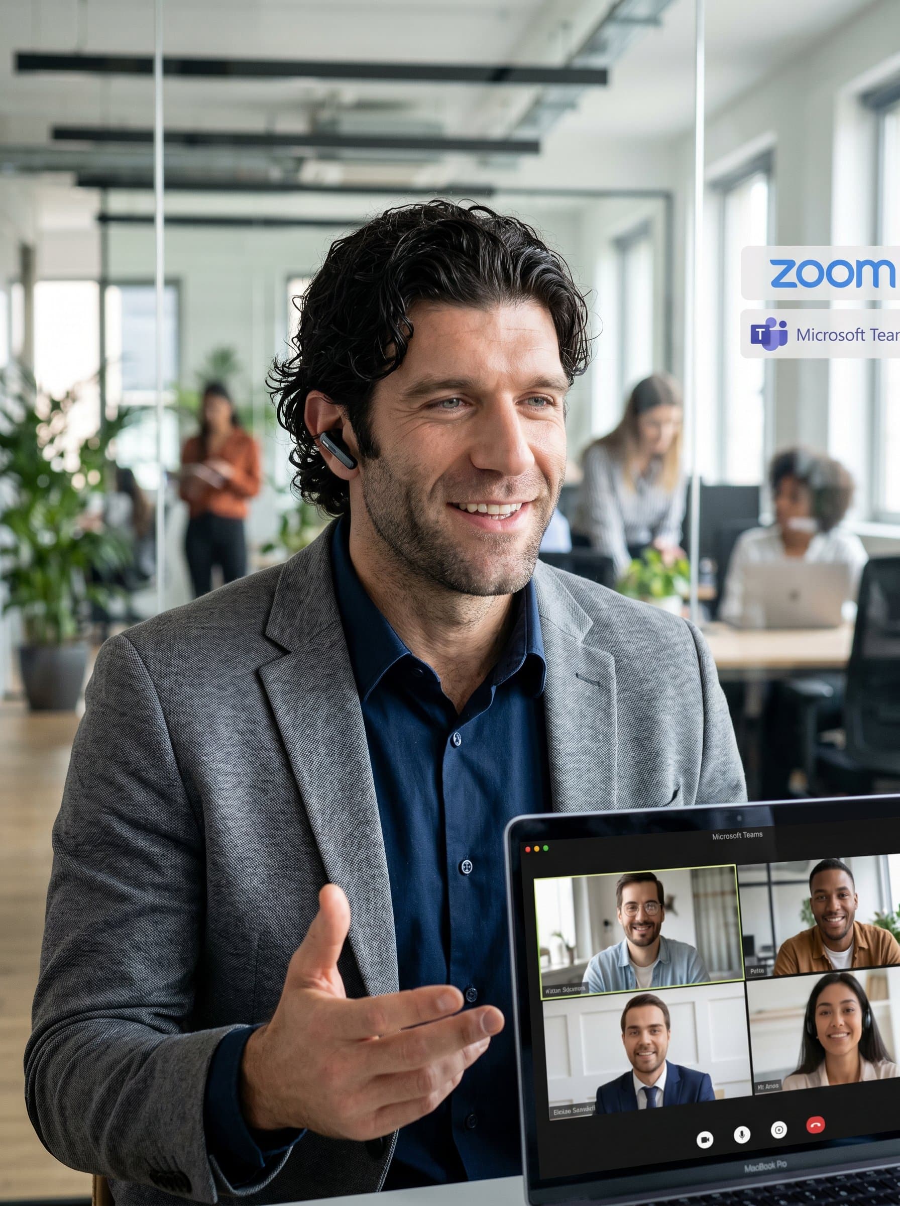 Produce a headshot in a modern style, with an open office layout in the background, featuring the broker engaged in a video call, reflecting adaptability and modern communication skills.