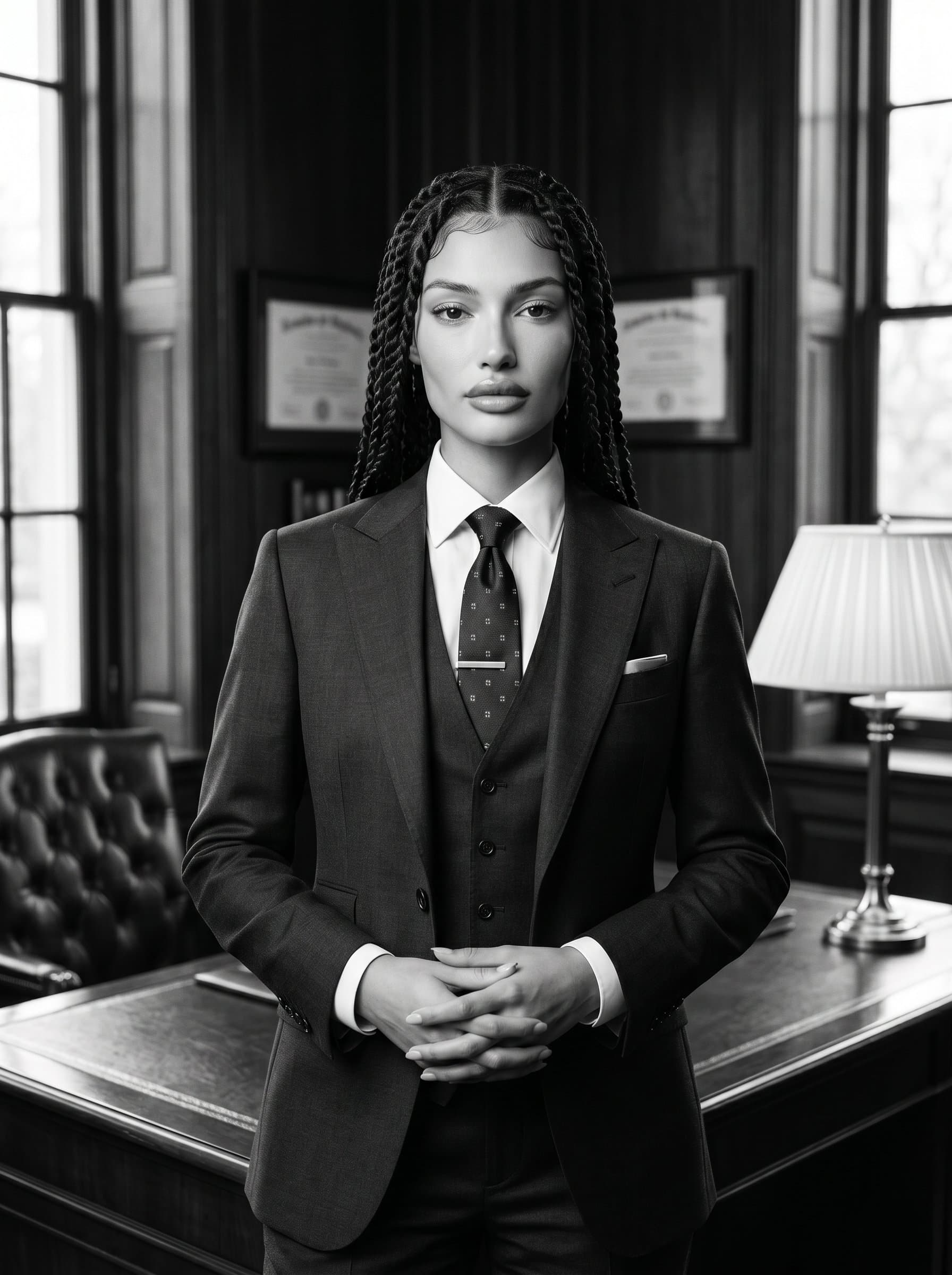 Design a headshot of a mortgage broker in classic monochrome tones, wearing a formal suit and tie, standing in a stately office, with a poised demeanor that communicates authority and trust.