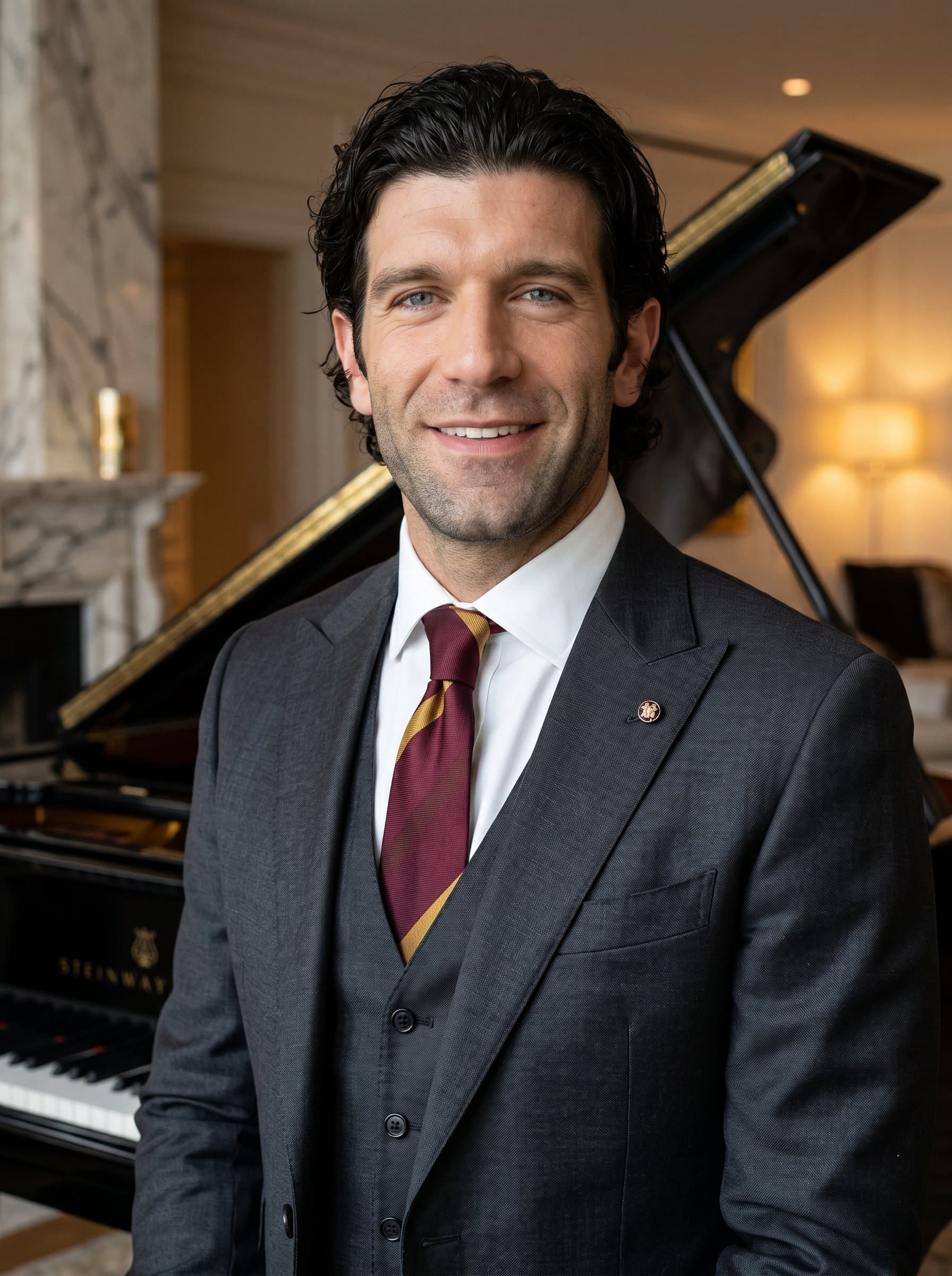 Generate a headshot featuring a mortgage broker in luxury style, with an opulent grand piano in the background, dressed in a designer suit, projecting an image of high-class service and attention to detail.