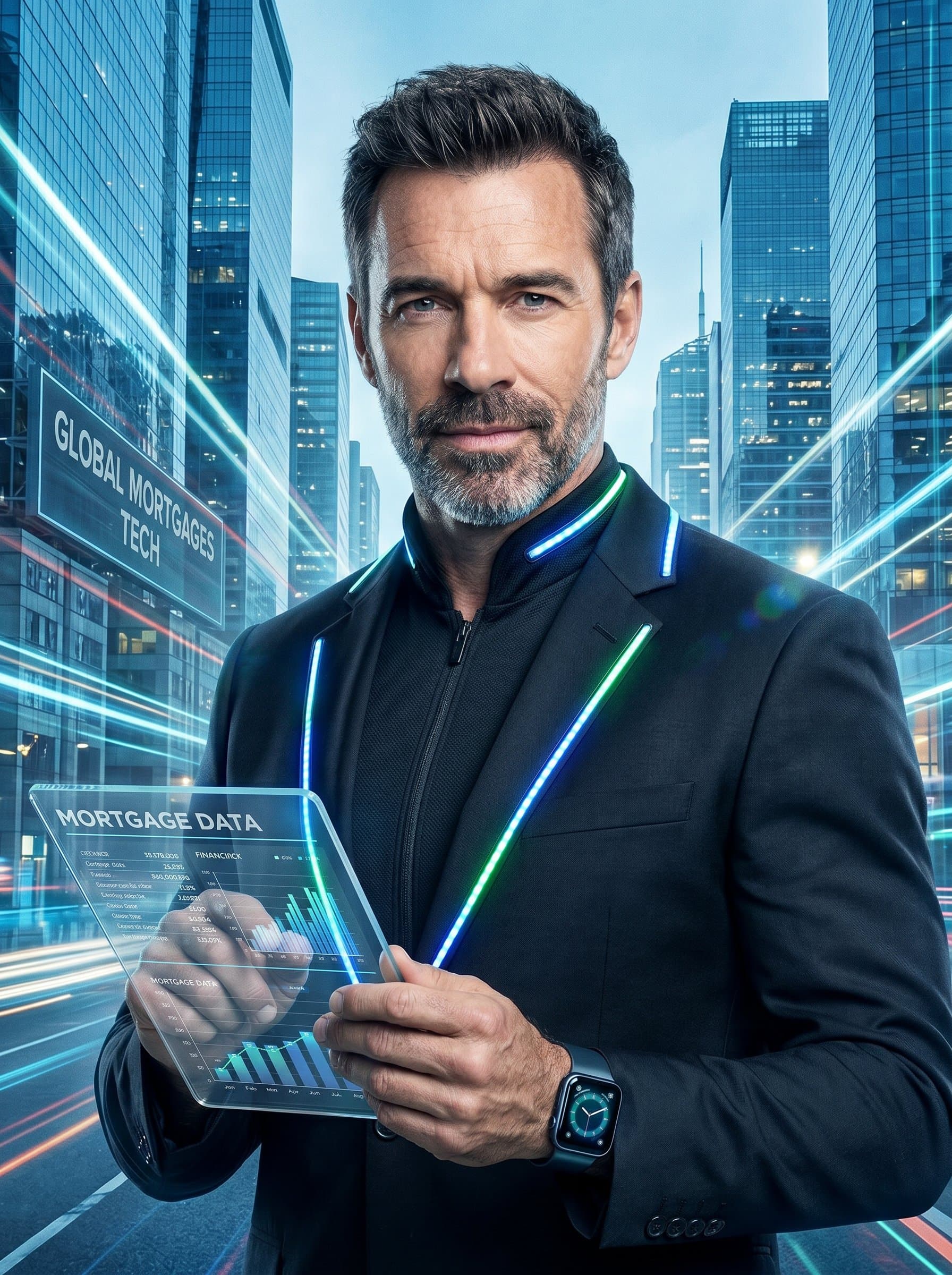Formulate a headshot in a digital edge style, with a futuristic background of skyscrapers. The broker is wearing sleek, modern attire, showcasing a forward-thinking and tech-savvy approach to mortgages.