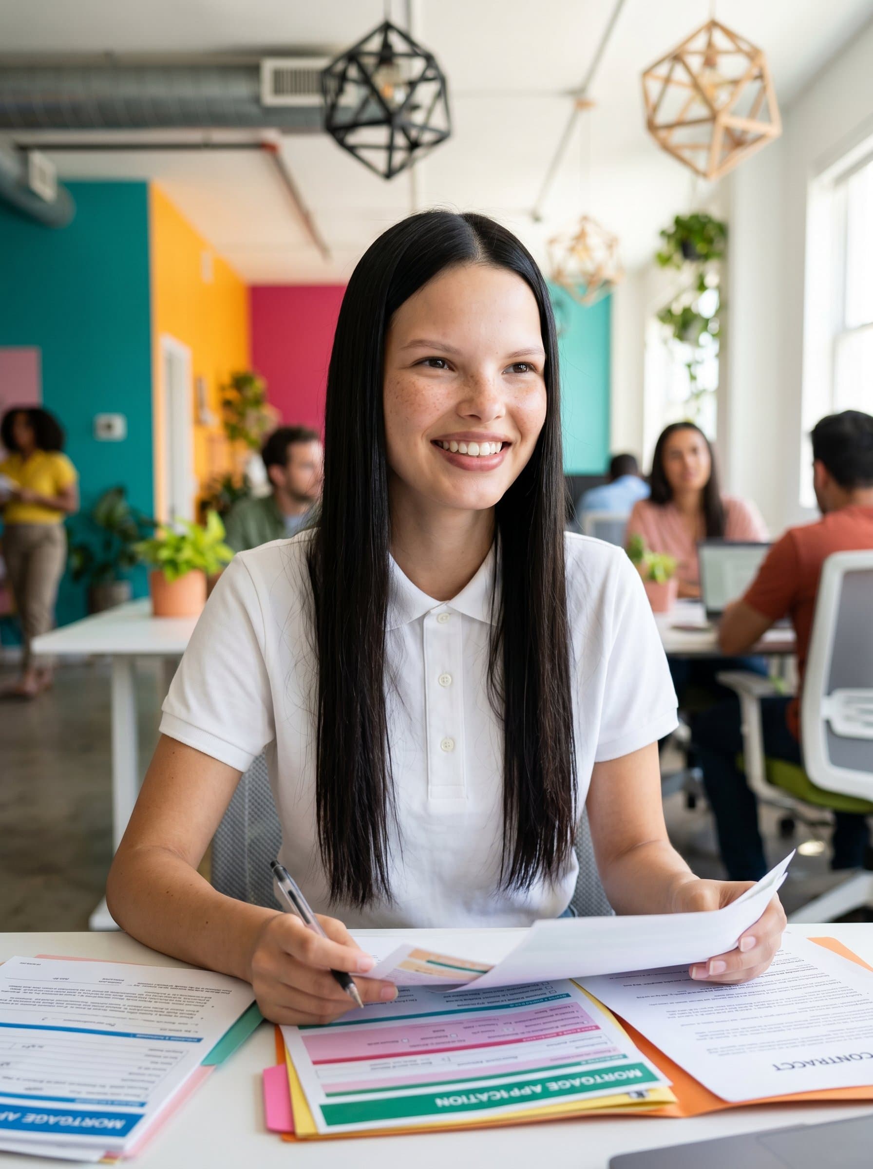 Design a headshot for a mortgage broker set in a vibrant, colorful office space, with the broker confidently handling paperwork, symbolizing high energy and passion for assisting clients.