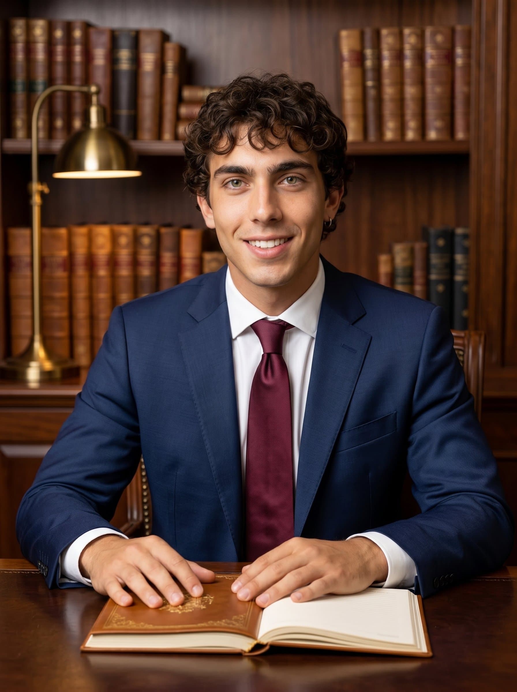 Generate a headshot capturing a mortgage broker in a luxury setting, with elegant leather-bound books and a grand wooden desk, dressed impeccably, exuding a sense of success and exclusivity.