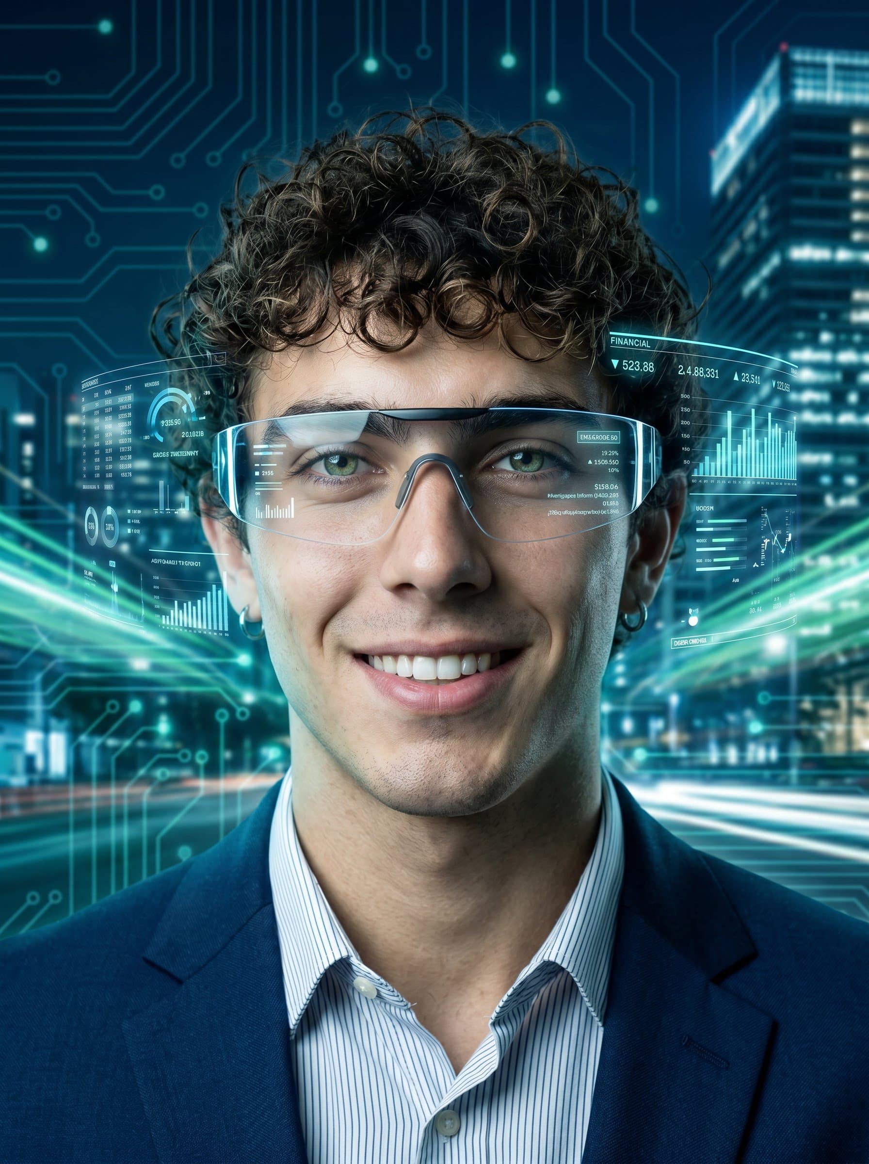 Create a headshot of a mortgage broker in digital edge style, with an urban, tech-inspired backdrop, wearing augmented reality glasses, representing a cutting-edge and innovative approach.