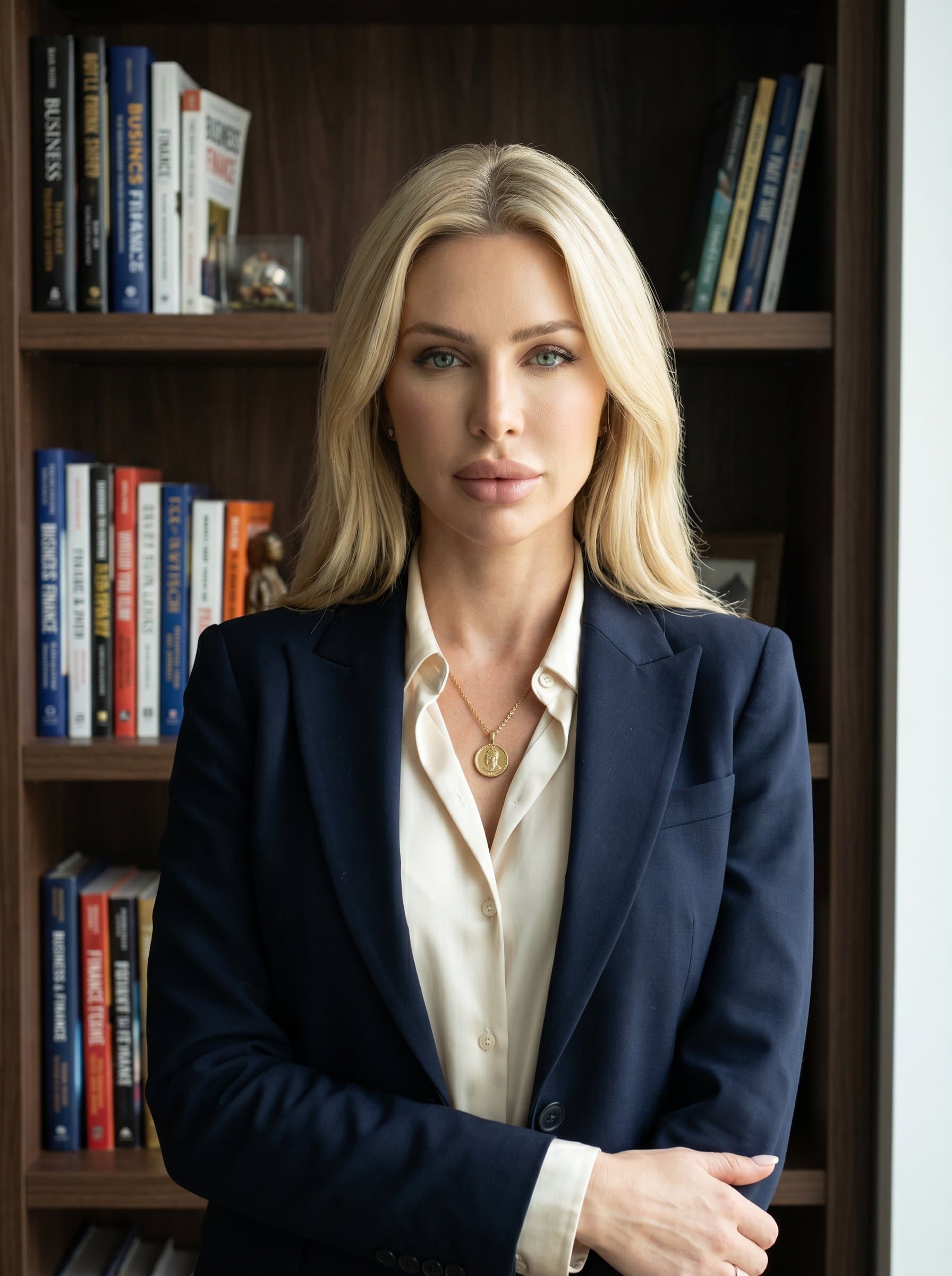 Produce a headshot of a mortgage broker in a classic portrait style, standing in front of a bookshelf, with a neutral expression that conveys wisdom and dependability in mortgage solutions.
