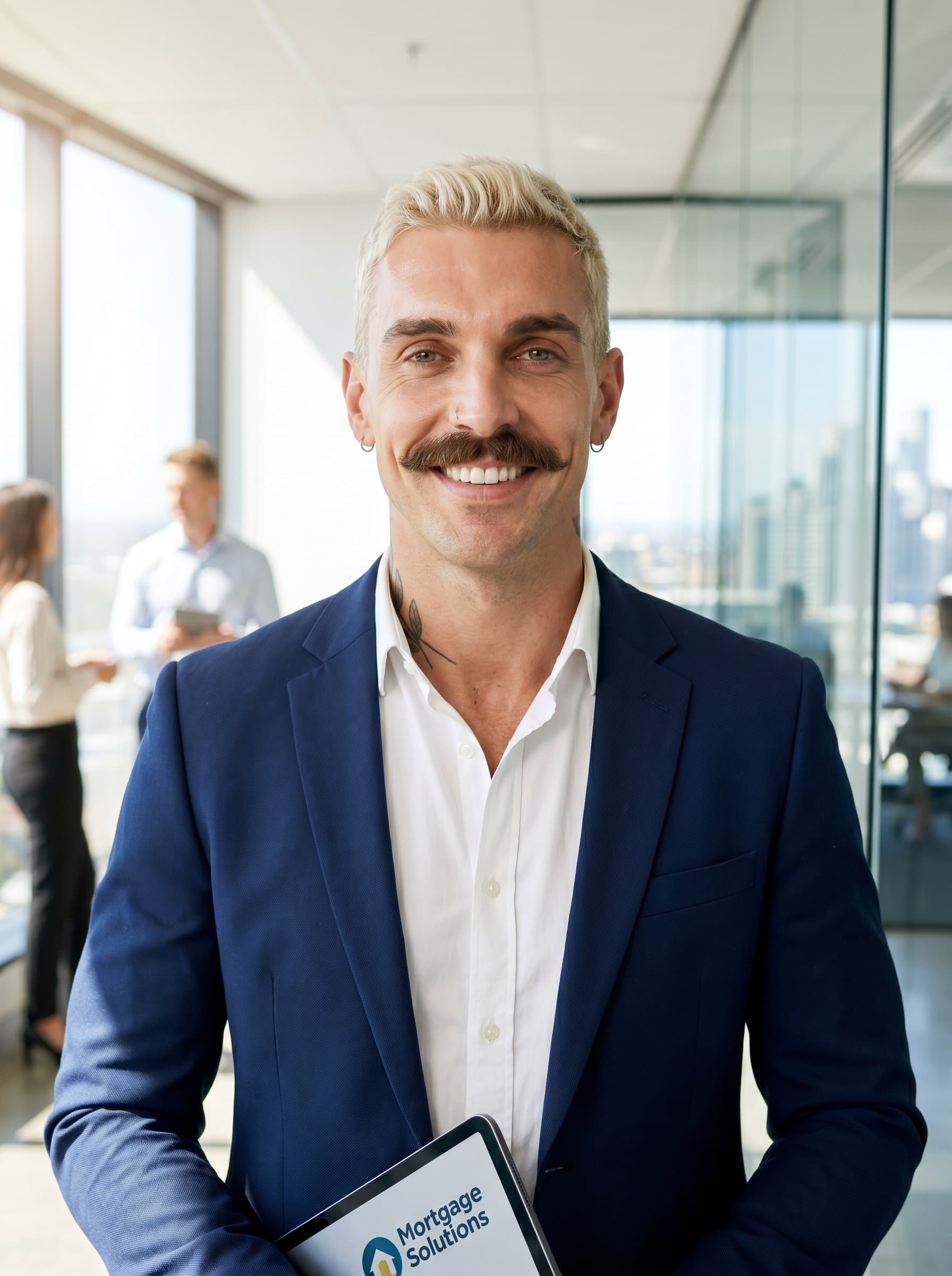 Develop a headshot in a modern style, featuring a mortgage broker in an airy, open-plan office, with natural light highlighting their confident, professional demeanor, suggesting transparency and openness.
