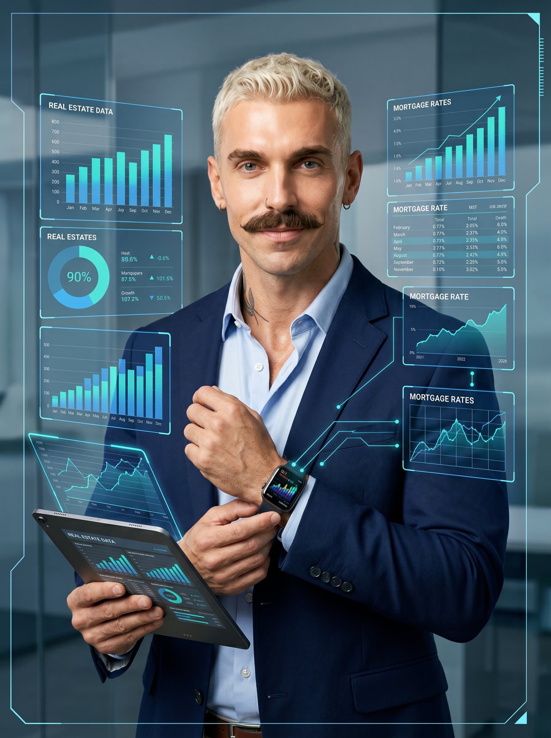 Create a headshot for a mortgage broker, styled with digital edge aesthetics, showcasing a smart digital watch and tablet, surrounded by holographic charts, symbolizing innovation in real estate financing.