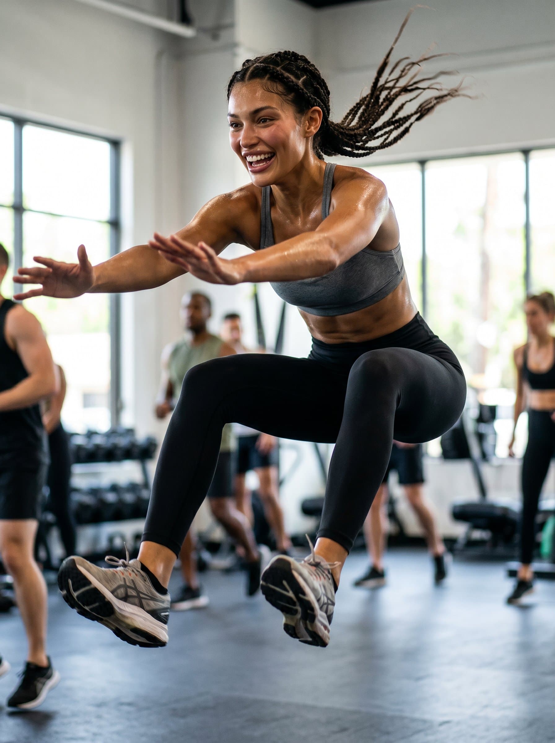Generate a of a fitness instructor captured mid-exercise, using a motion blur effect to convey dynamic action and vitality, perfect for engaging social media posts.