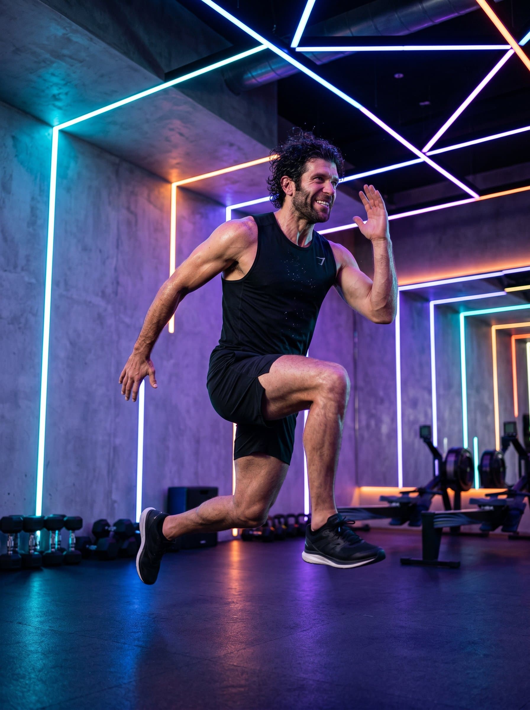 Showcase the of a fitness instructor in a studio with chic modern lighting, highlighting the dynamic energy through a mid-action workout pose, perfect for marketing visuals.