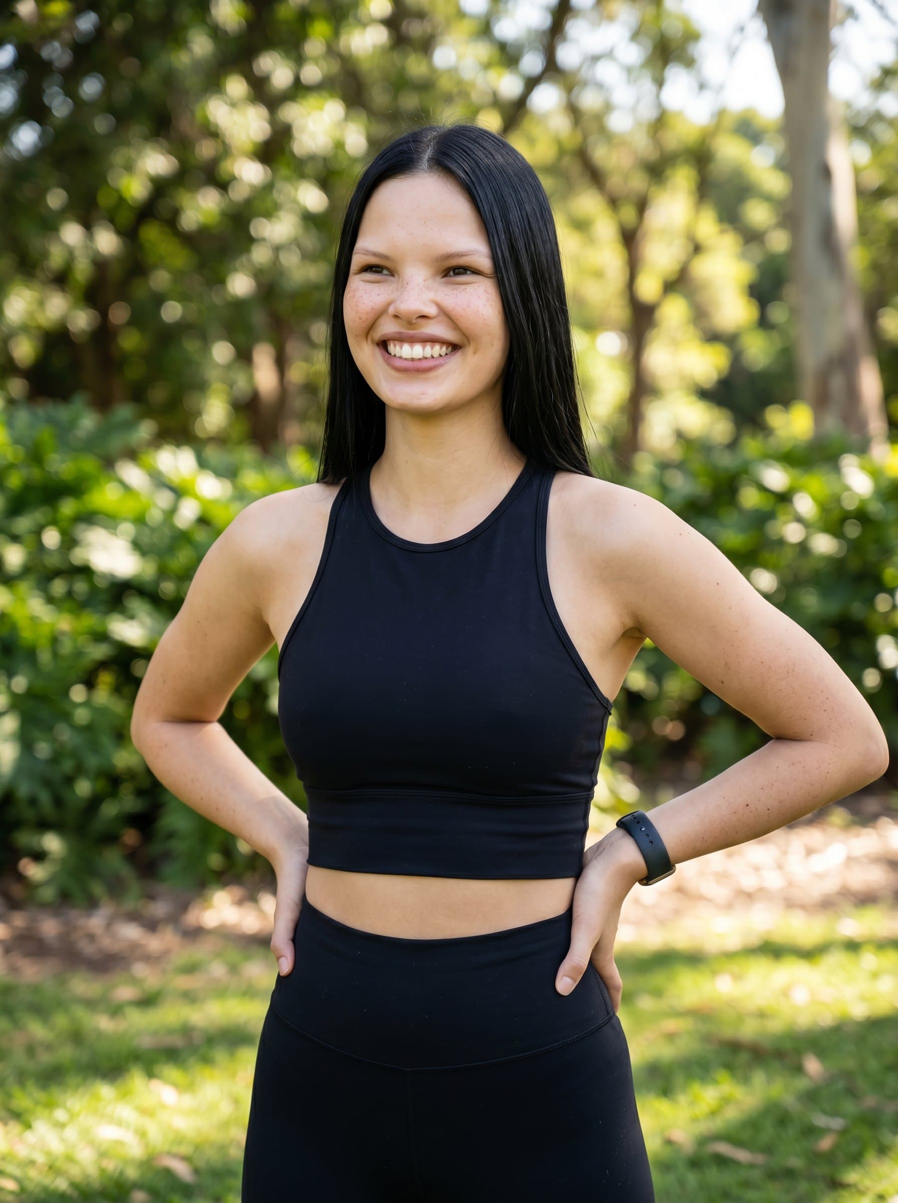 Capture the of a fitness instructor in a natural light setting, radiating energy and professionalism, with a focus on a strong, confident pose, ideal for personal branding.