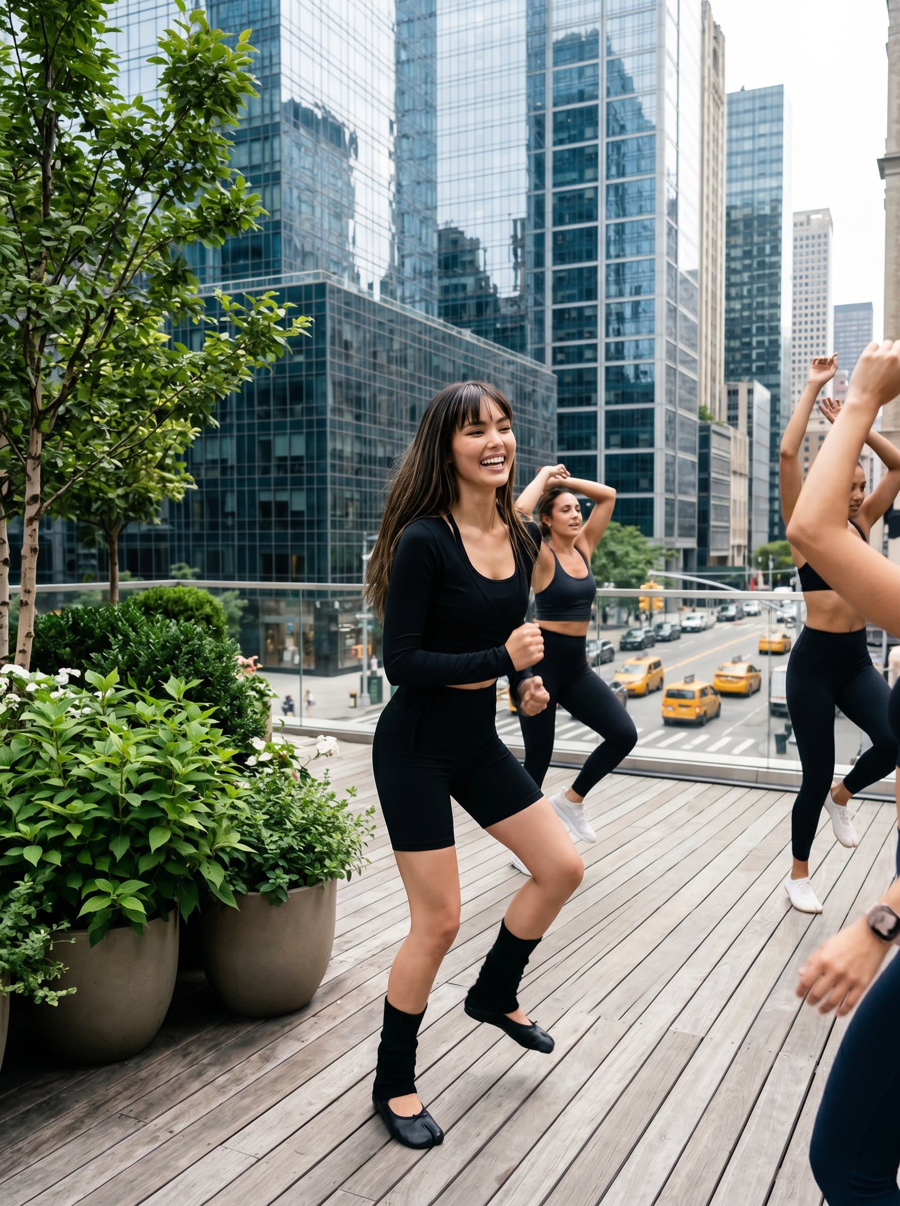 Craft a of a fitness instructor in an urban setting, showcasing a juxtaposition of natural fitness against a city backdrop, reflecting a modern, energetic lifestyle.
