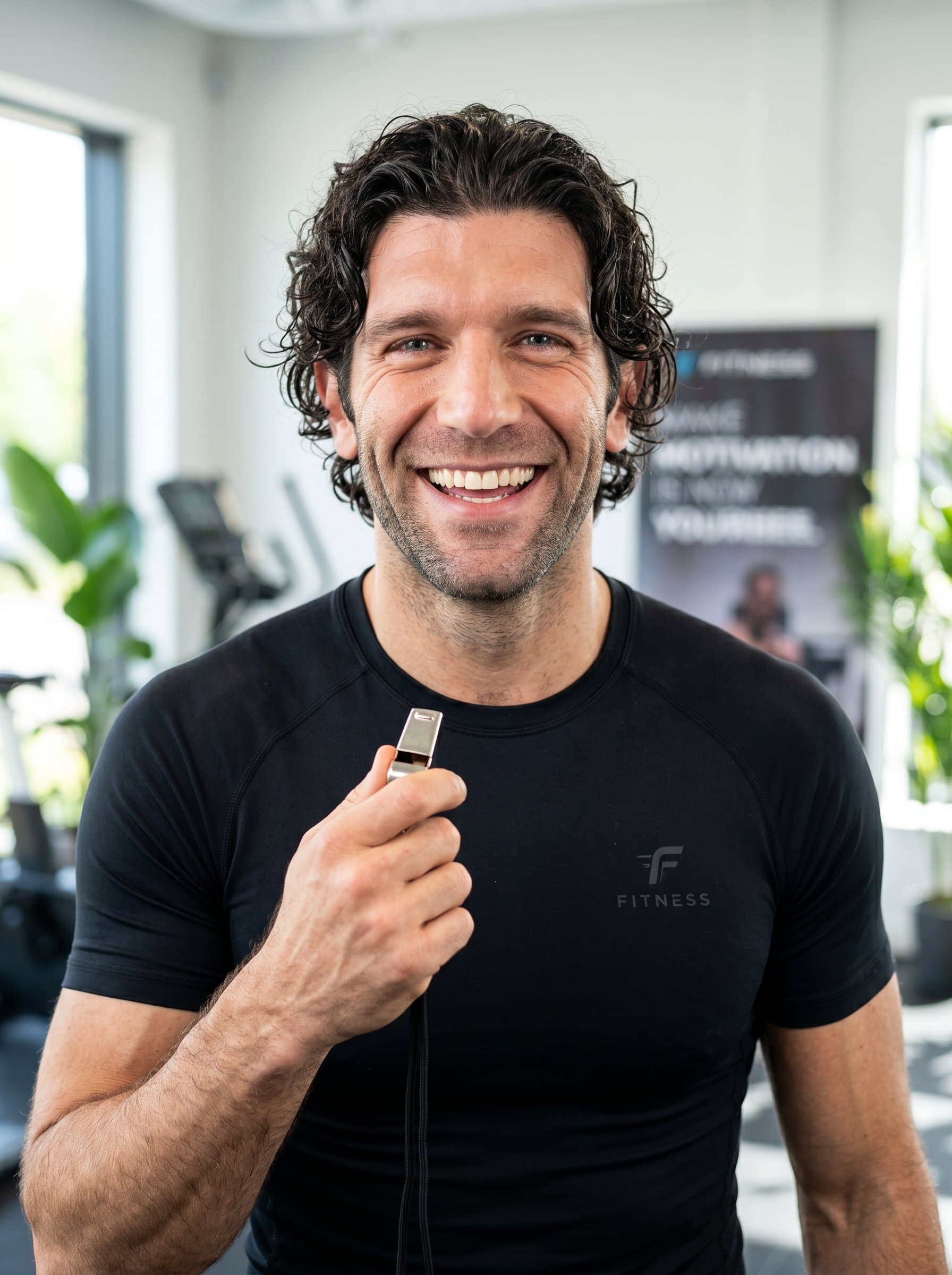 Develop a of a fitness instructor with a focus on facial expressions, exuding enthusiasm and motivation, perfect for a professional yet personal touch on marketing materials.