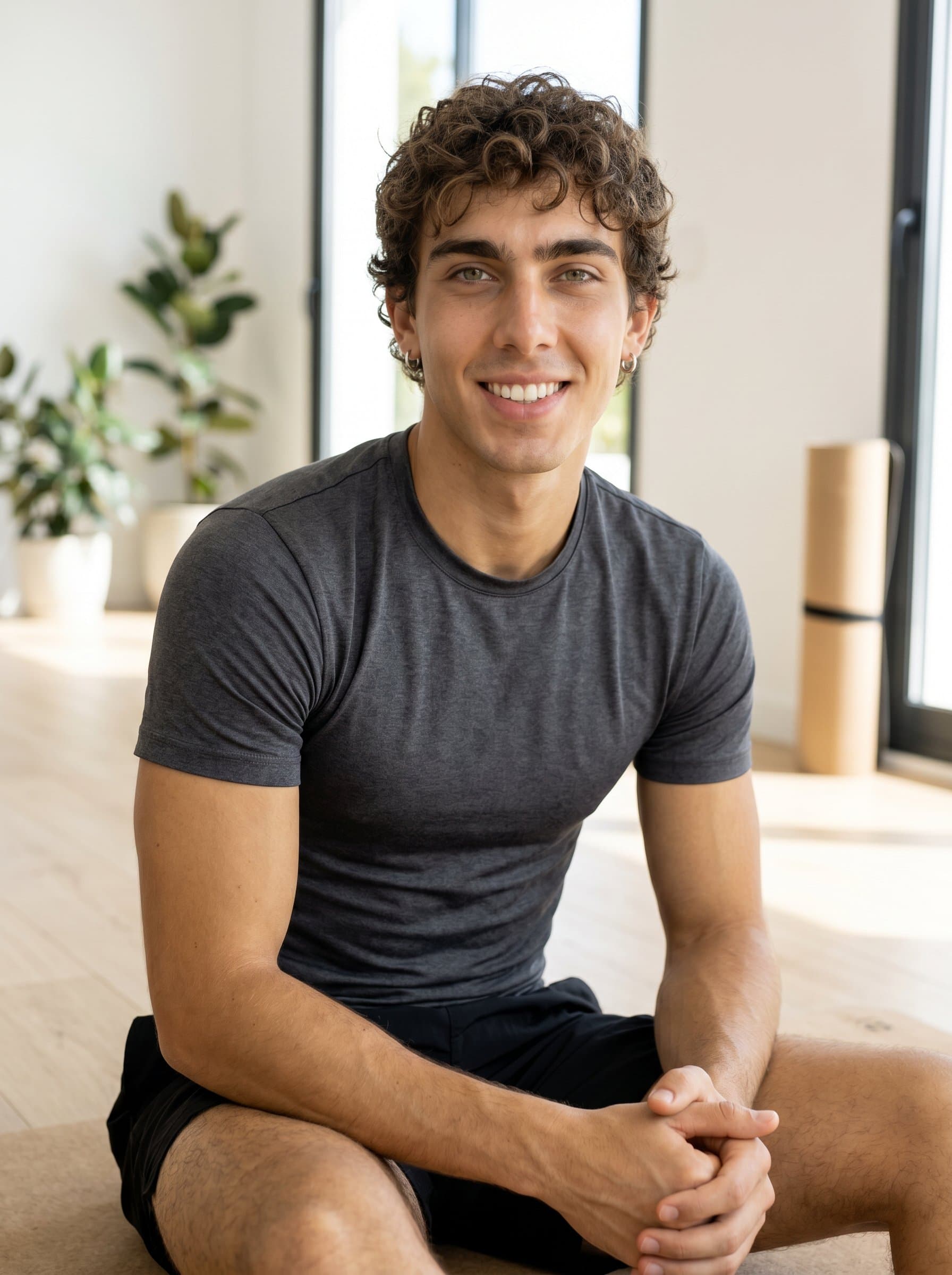 Design a featuring a fitness instructor in a minimalist studio, portraying calm yet vibrant energy, ideal for a professional headshot that communicates expertise and approachability.