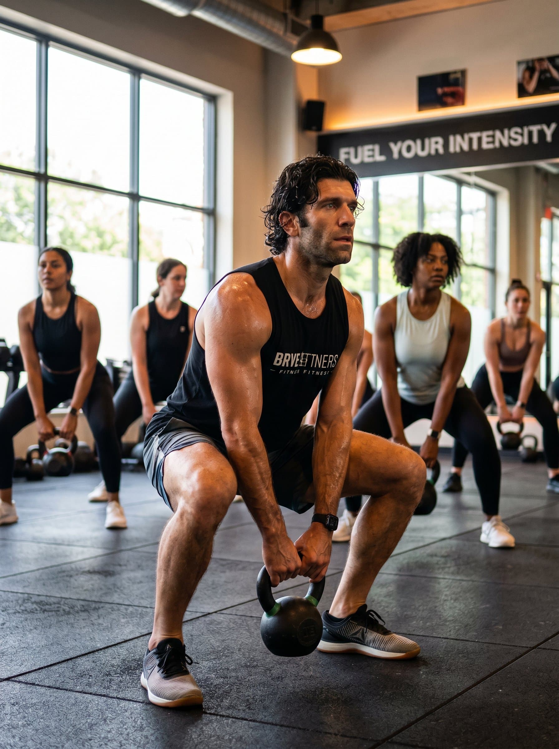 Capture a featuring a fitness instructor in the midst of a workout session, using well-balanced lighting to convey focus and intensity, suitable for marketing imagery.