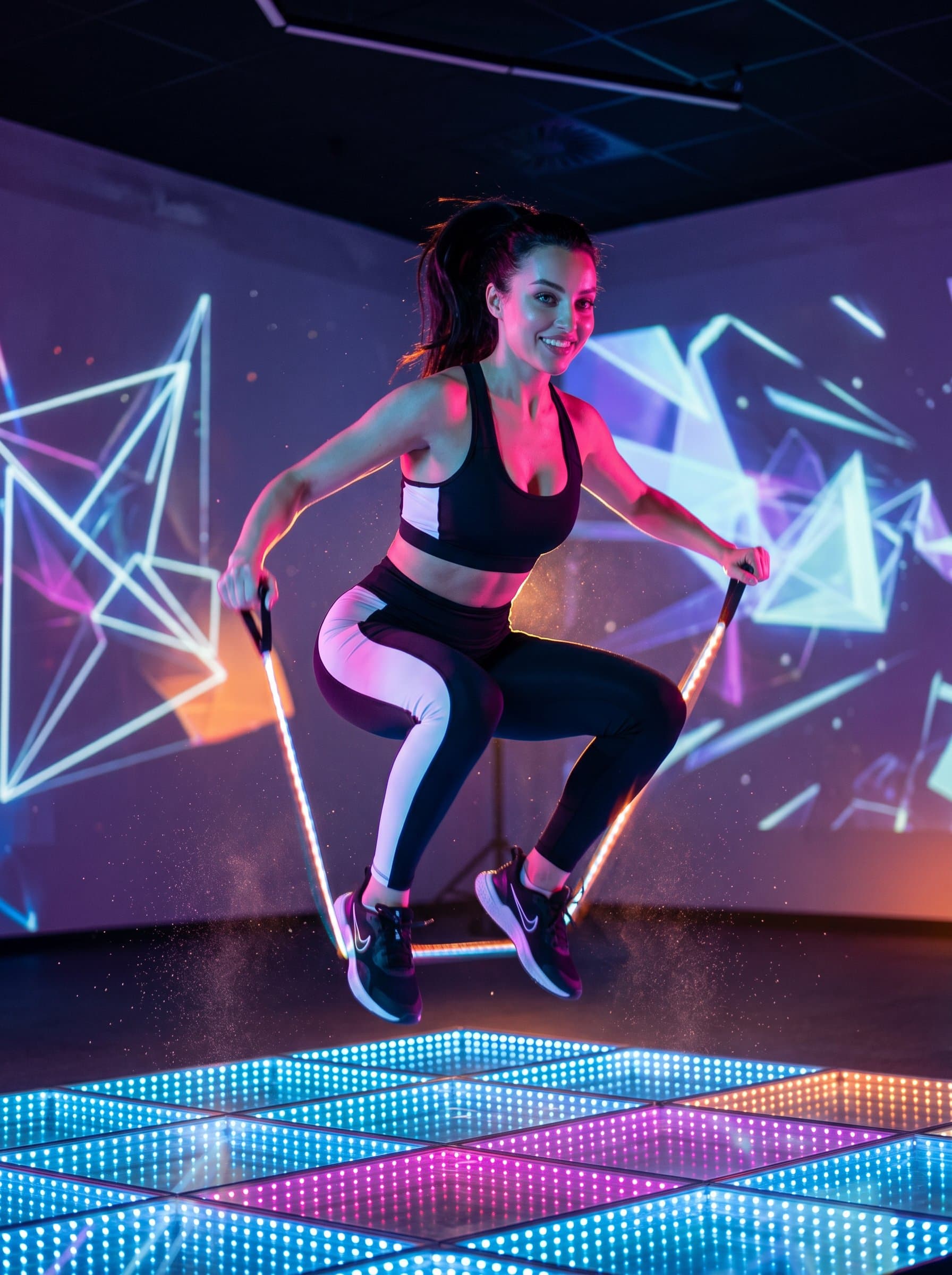 Compose a of a fitness instructor in a uniquely artistic setting, with creative lighting to highlight their innovative approach, perfect for standout social media profiles.