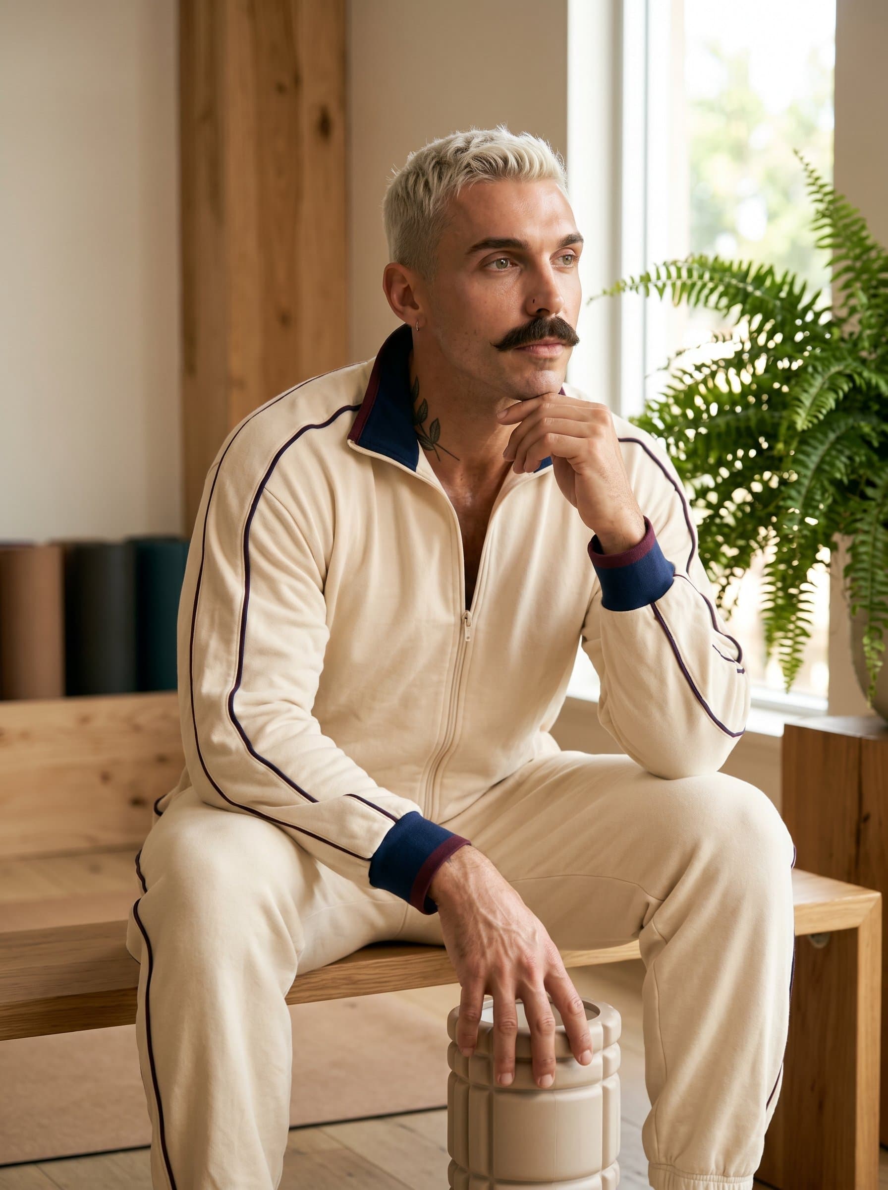 Envision a of a fitness instructor with an emphasis on approachability and expertise, capturing a moment of reflection in a serene environment, ideal for professional branding.