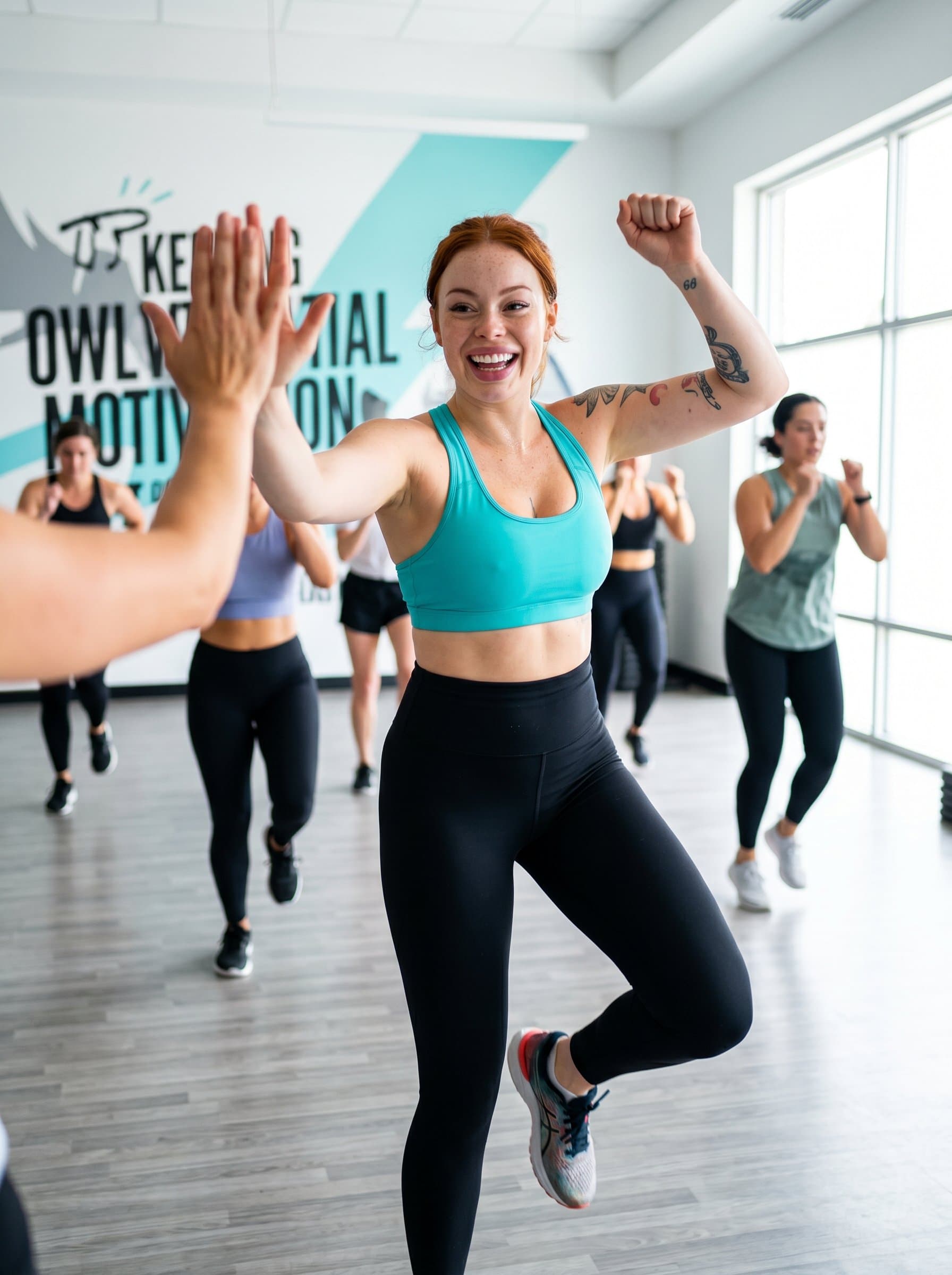 Showcase a of a fitness instructor in action, using a high-energy pose to convey enthusiasm and motivation, perfect for eye-catching marketing campaigns.