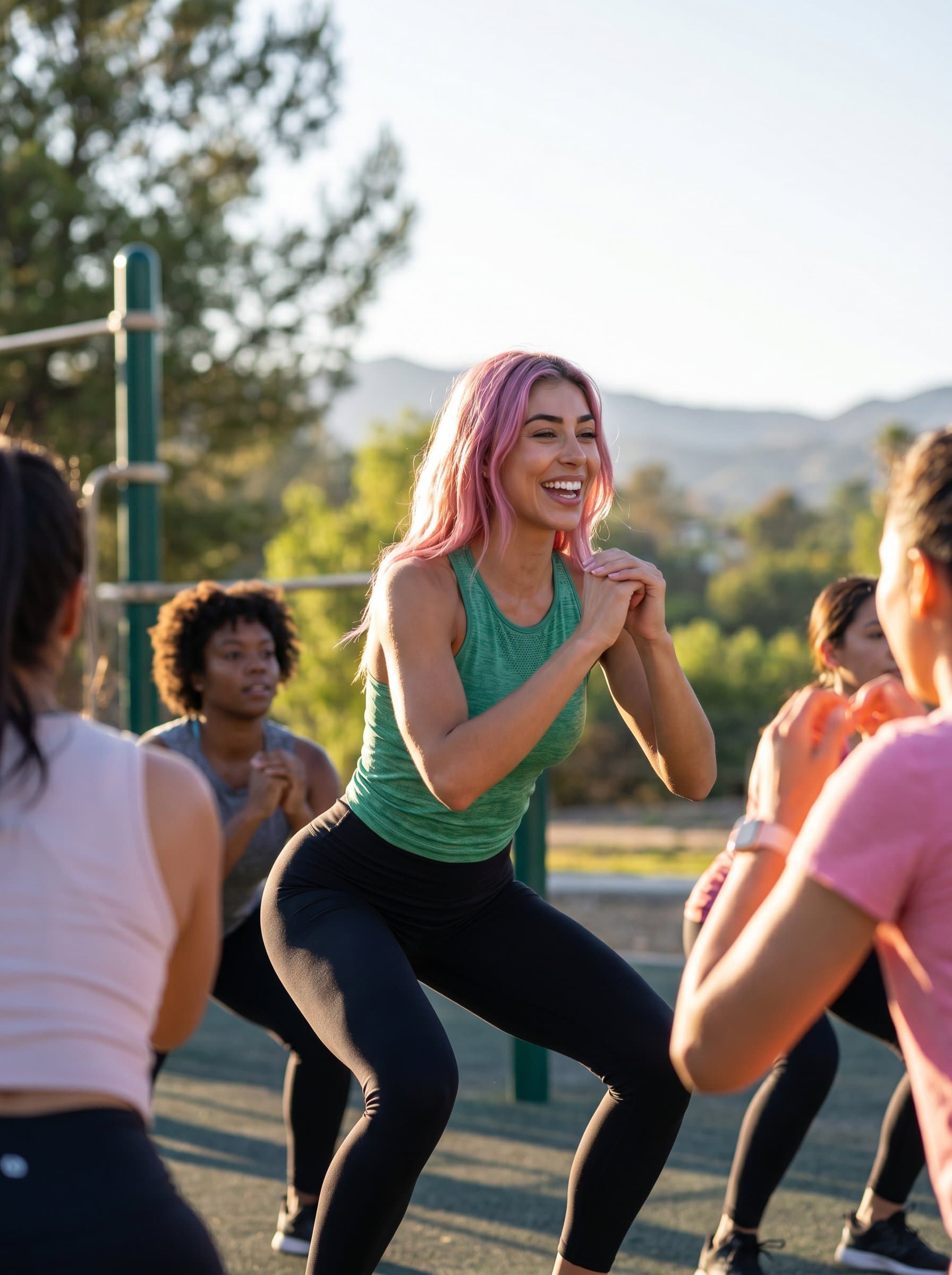 Create a of a fitness instructor outdoors, utilizing natural sunlight to emphasize enthusiasm and determination, suitable for social media and promotional content.