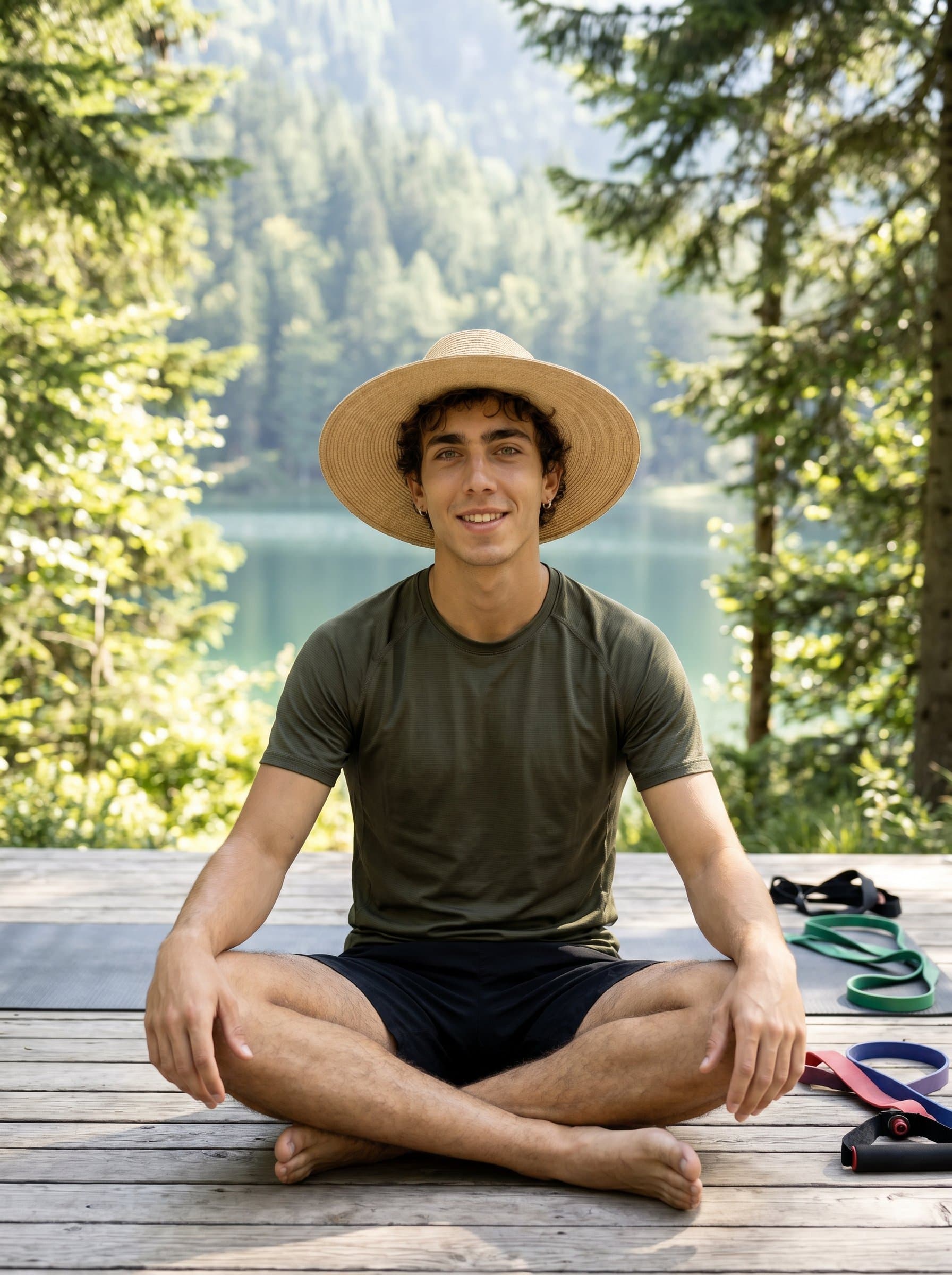 Craft a of a fitness instructor exuding calm confidence in a nature-inspired setting, ideal for branding that emphasizes holistic wellness and personal empowerment.