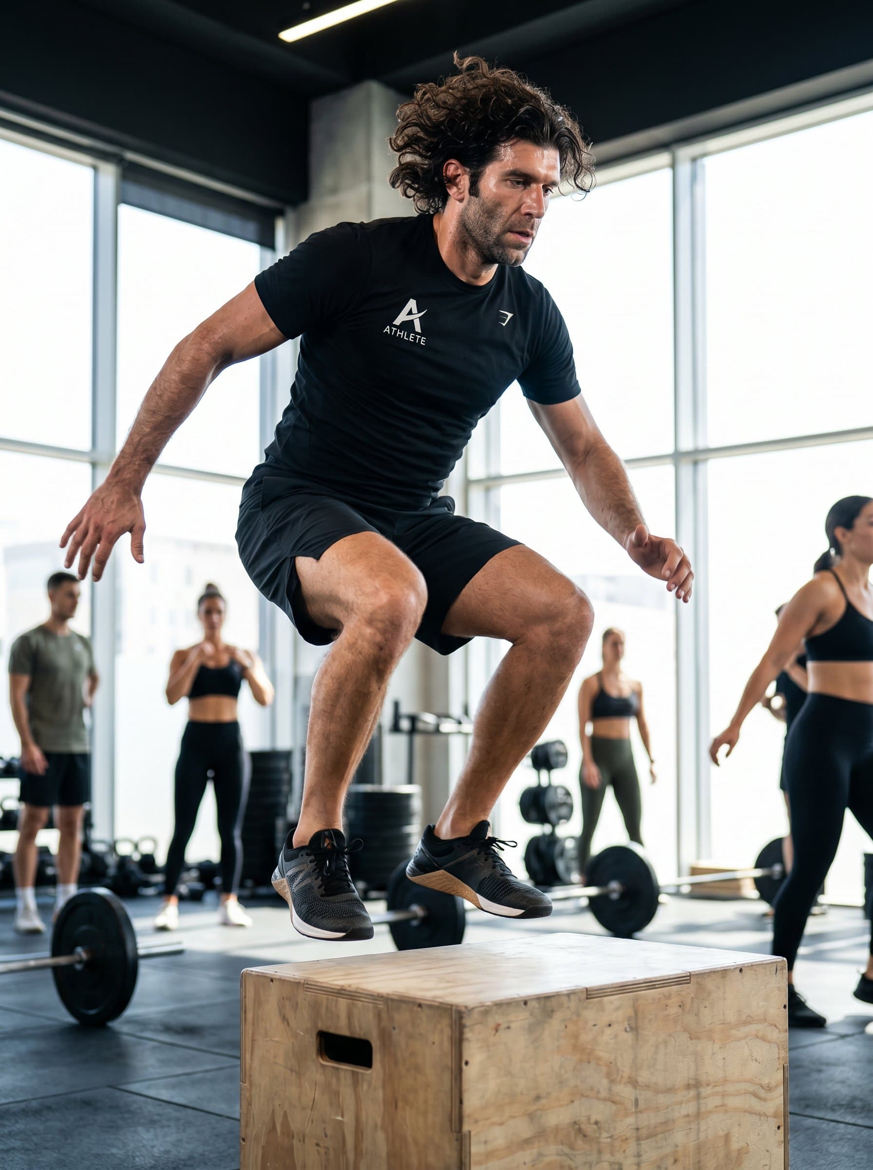 Create a lively featuring a fitness instructor in active motion, with a focus on strength and agility, ideal for branding that communicates energy and professionalism.