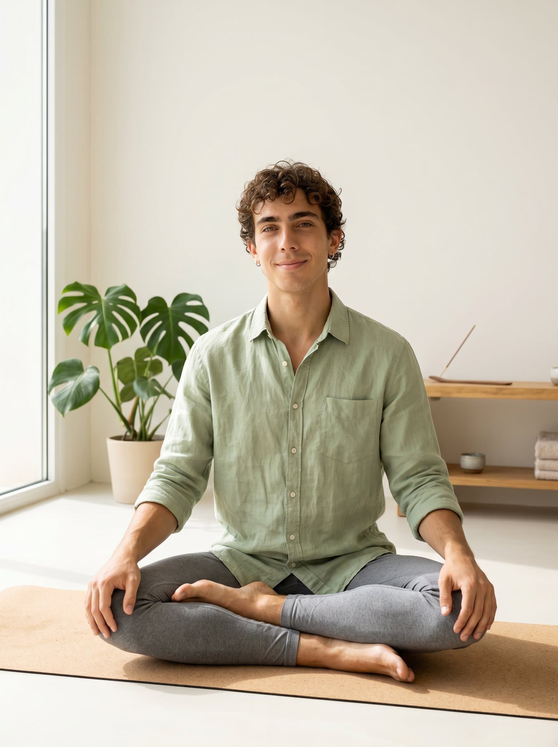 : Frame a yoga instructor against a minimalist indoor backdrop. Their gentle smile and relaxed posture are illuminated by natural window light, capturing an aura of approachability and calm resilience.
