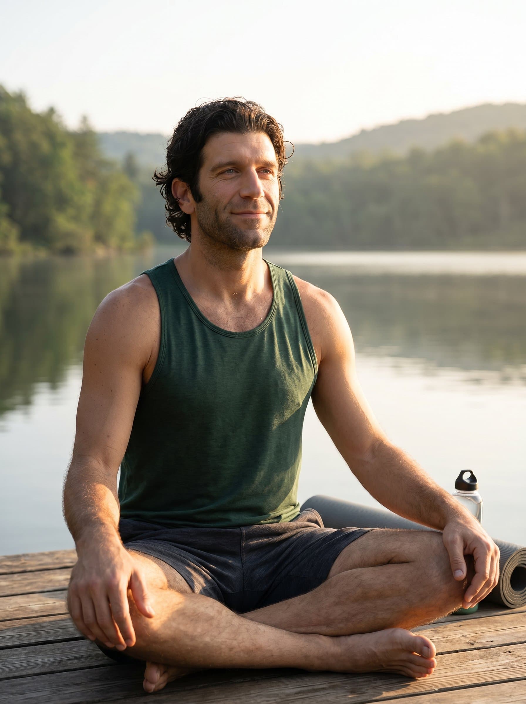 : Portray a yoga instructor gently smiling while practicing yoga on a wooden deck by a lake. Soft, morning light accents their calm and gentle expression, creating a peaceful and welcoming ambiance.