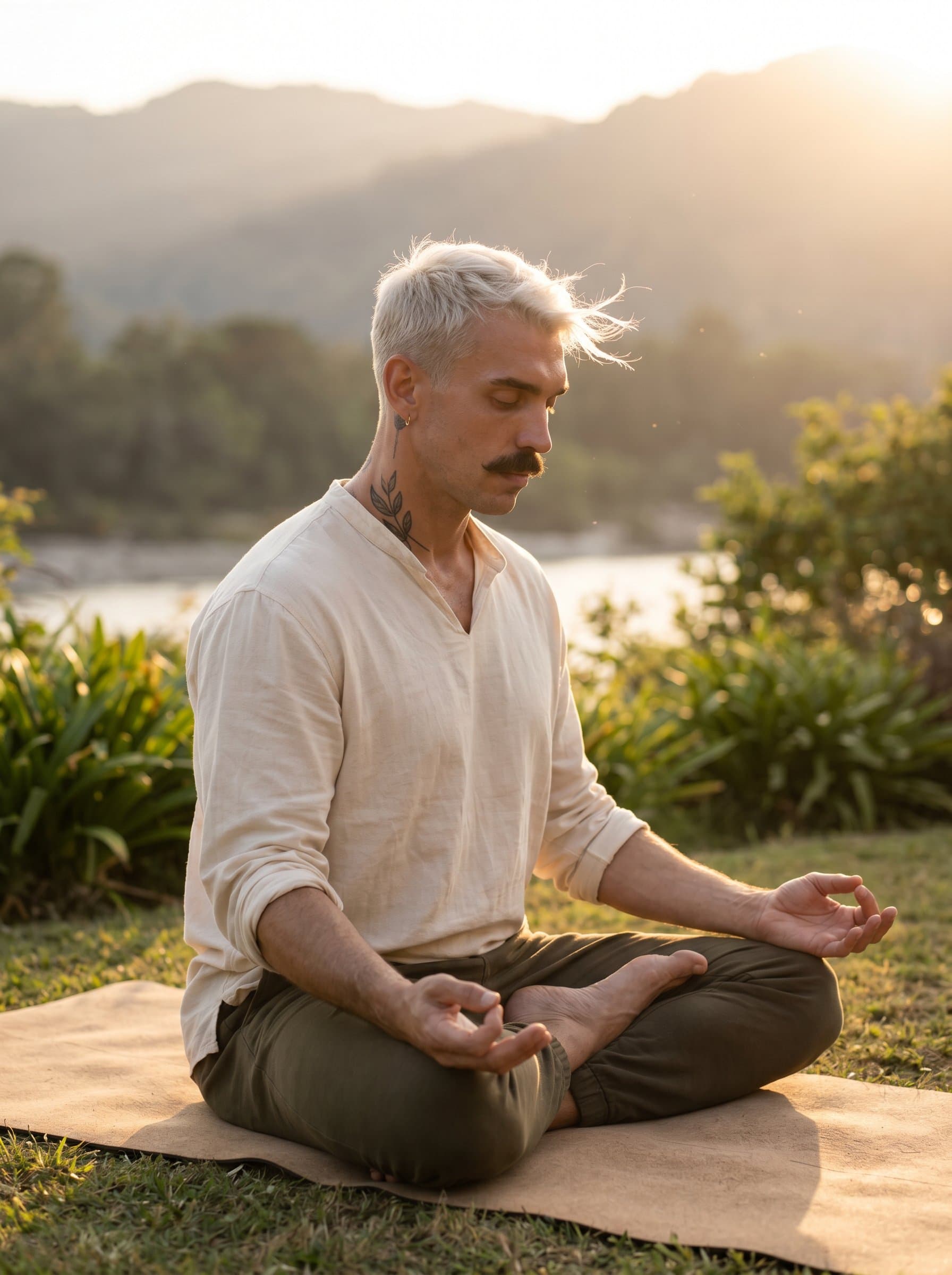 : Portray a yoga instructor in an outdoor setting, eyes softly gazing downward. The gentle breeze plays with their hair, and warm natural light enhances a sense of inner peace and expertise in their expression.