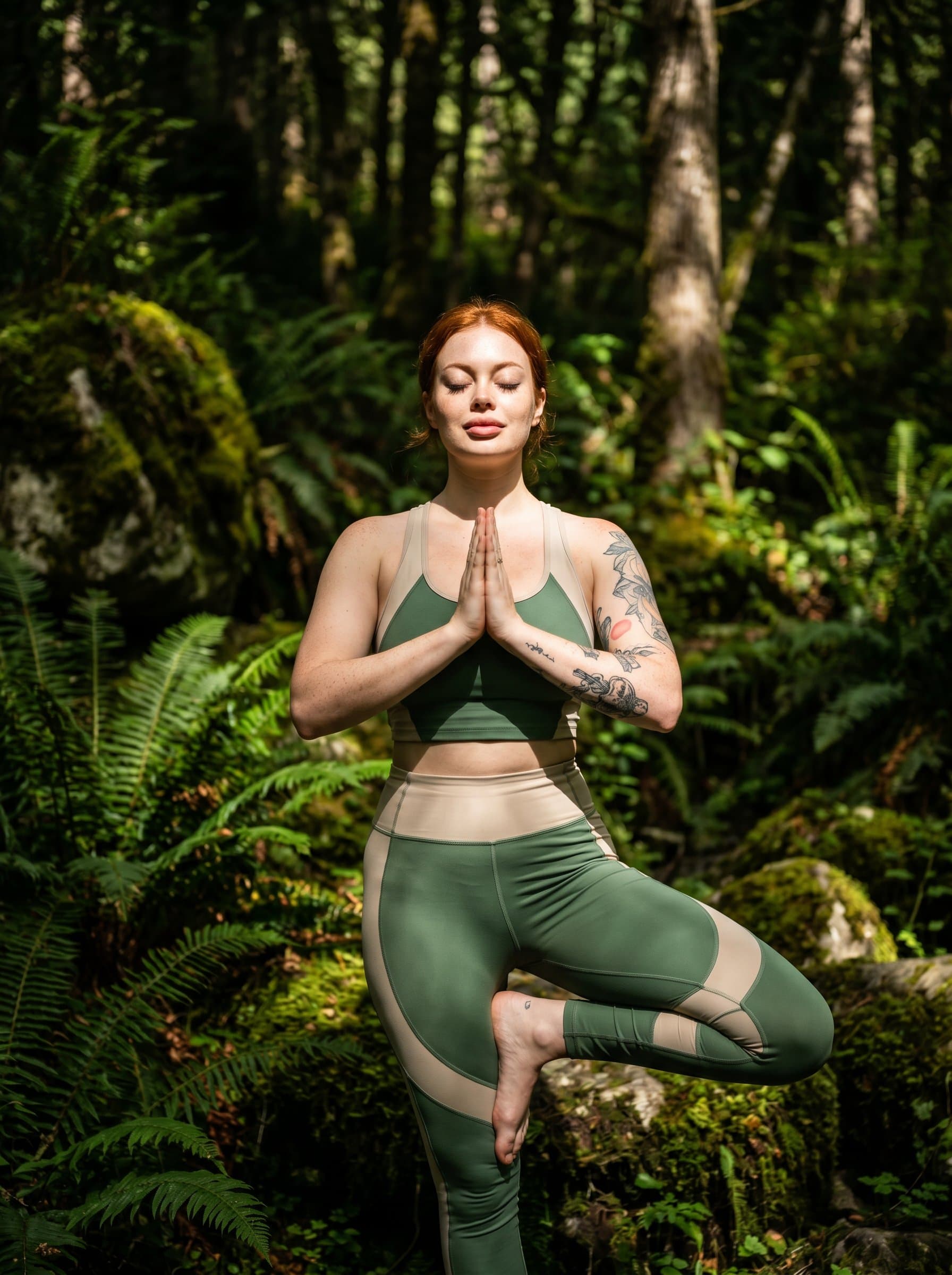 : Photograph a yoga instructor with a peaceful expression, standing amidst lush greenery. The interplay of natural shadows and light creates a tranquil portrait embodying mindfulness and a strong connection to nature.