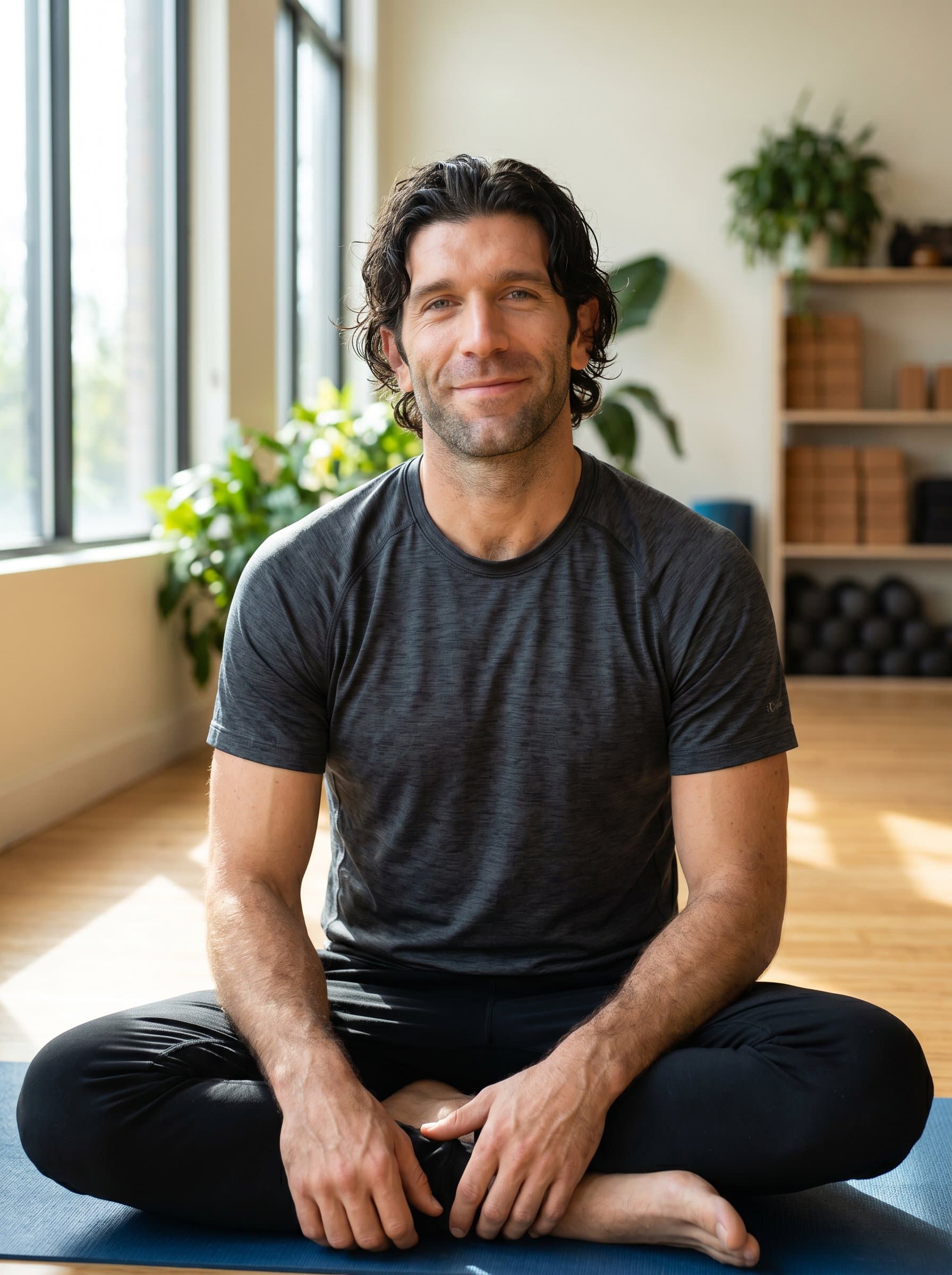 : Photograph a yoga instructor smiling gently, seated on a mat in a studio. Natural daylight filters through large windows, illuminating their calm expression and reflecting an aura of warmth and approachability.