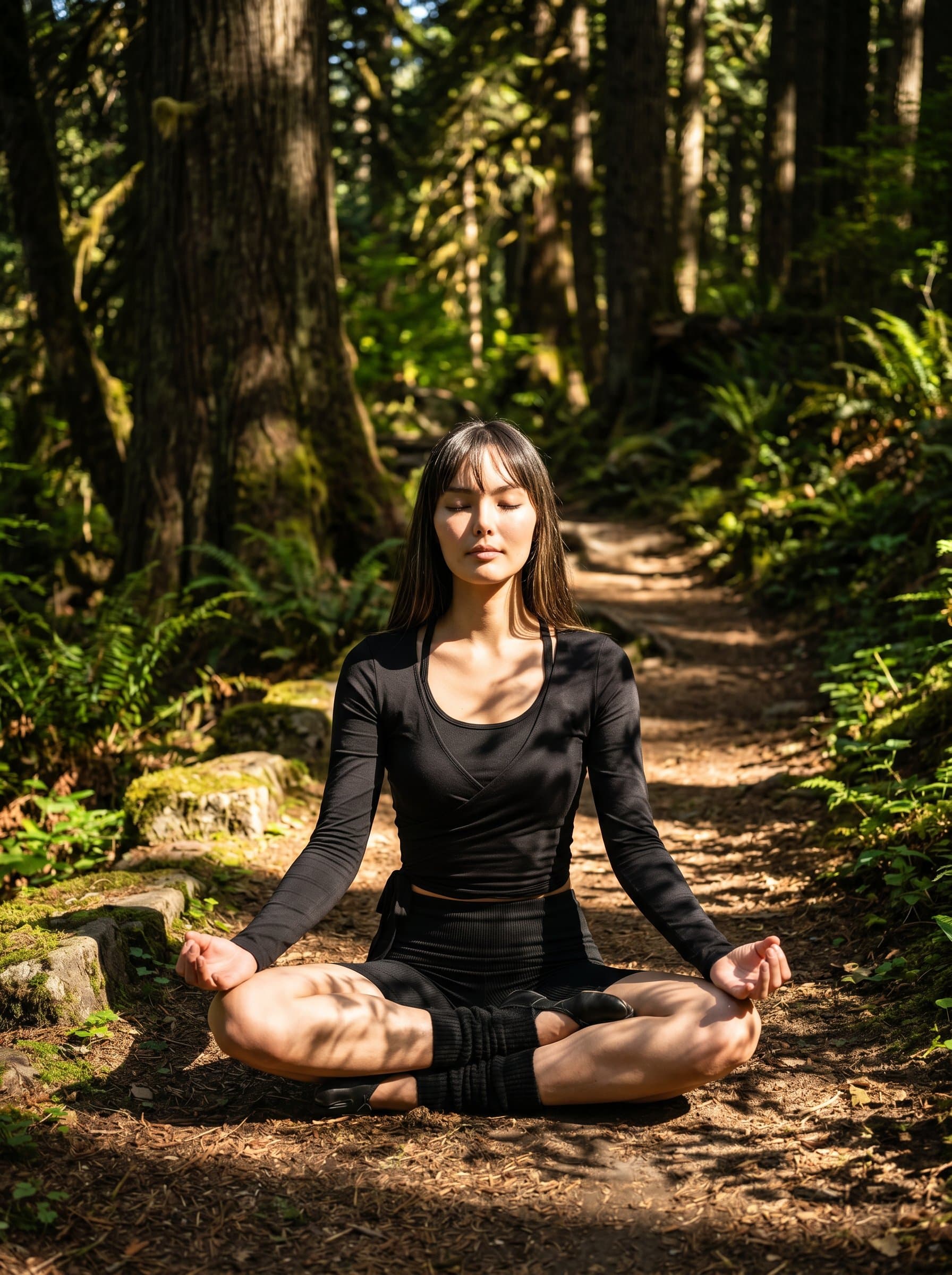 : Showcase a yoga instructor meditating on a forest path. The interplay of natural light and shadows casts a serene ambiance, enhancing their peaceful expression and emphasizing their connection to mindfulness and nature.