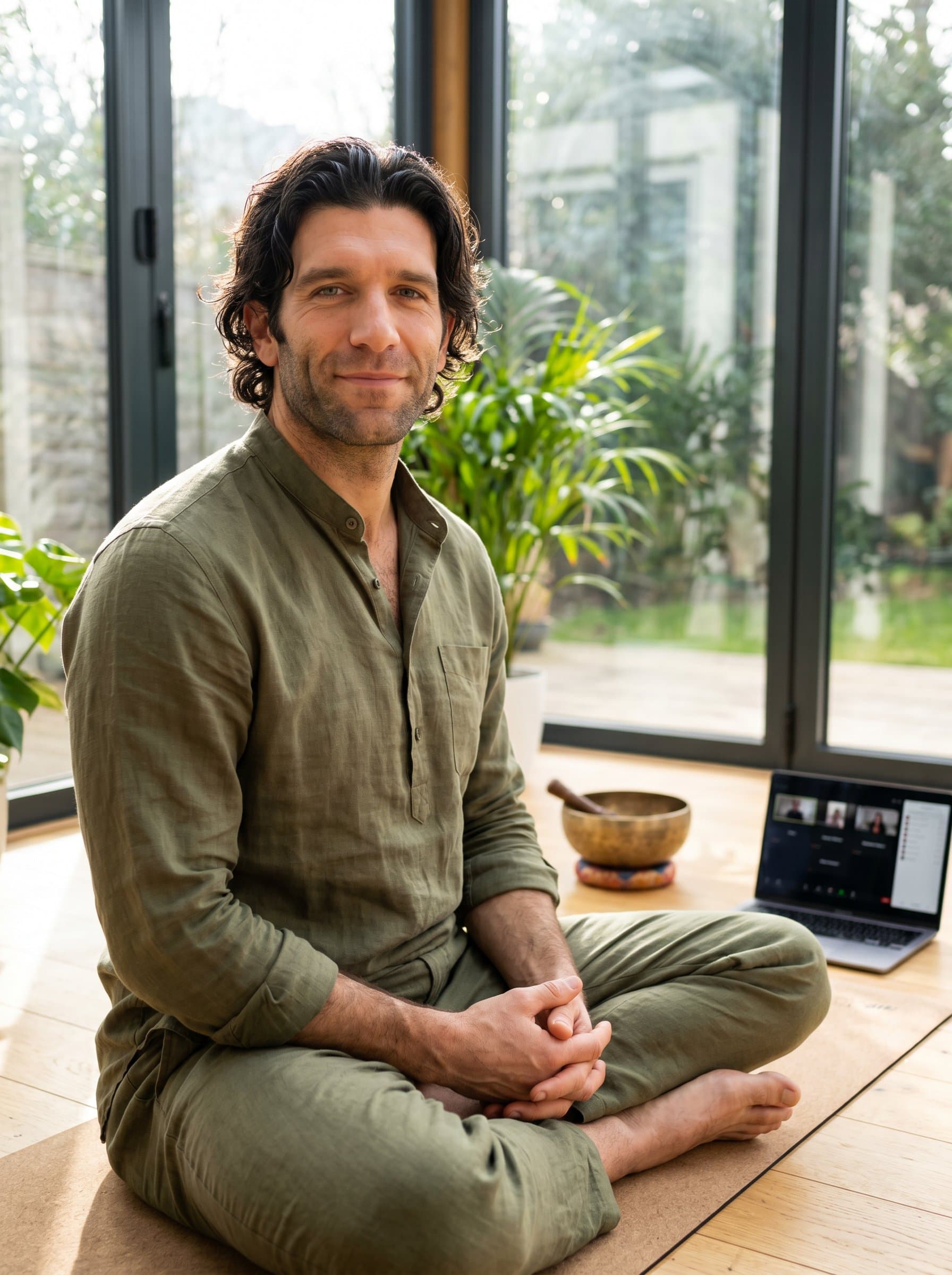 : Feature a yoga instructor in a peaceful garden studio. Their relaxed expression and open gaze are illuminated by soft natural light, promoting a welcoming and tranquil atmosphere suitable for virtual sessions.