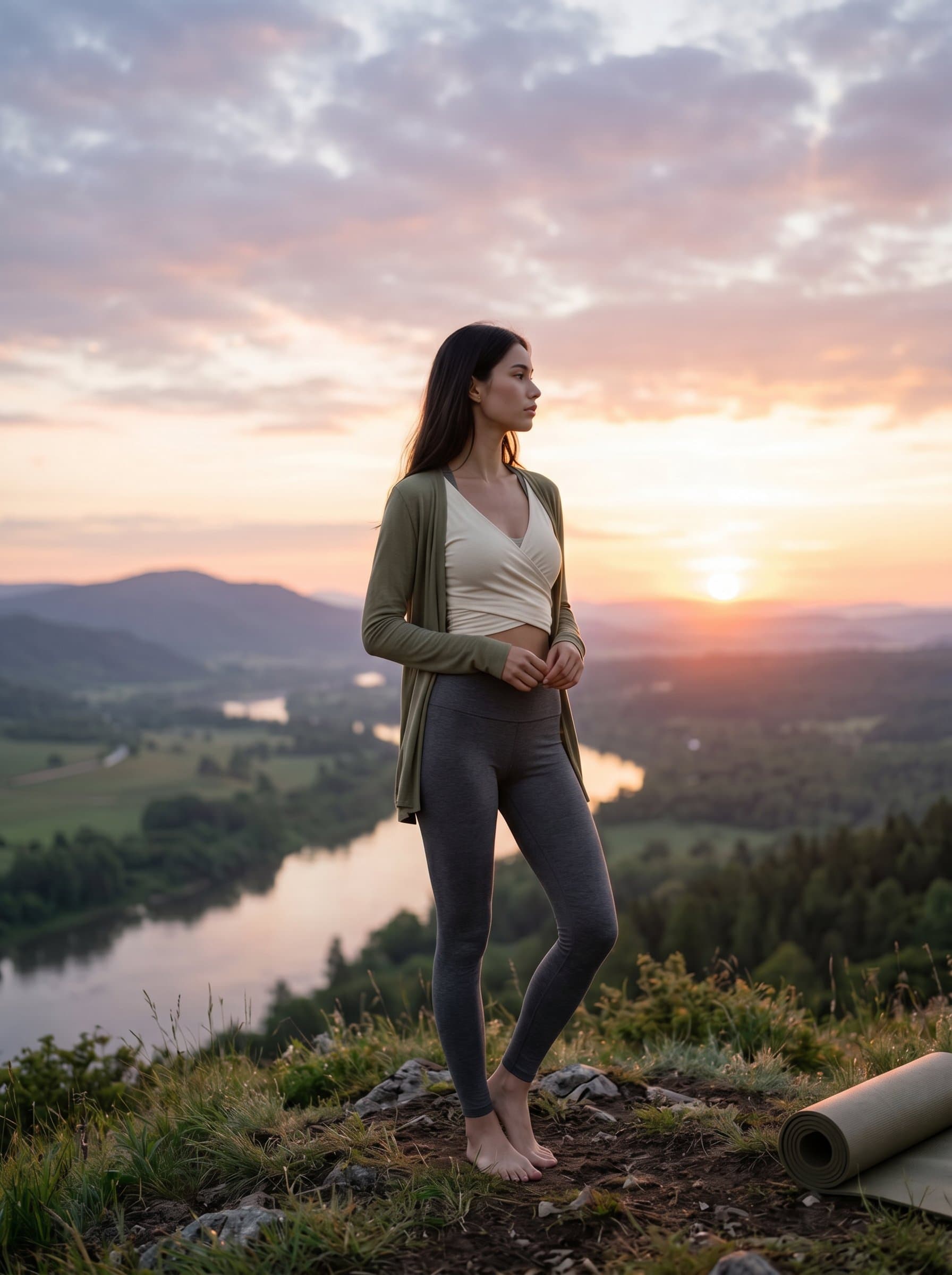 : Present a yoga instructor standing on a hilltop, gazing at the horizon. The diffused early morning light captures their serene and introspective demeanor, reflecting expertise and a deep connection with nature.