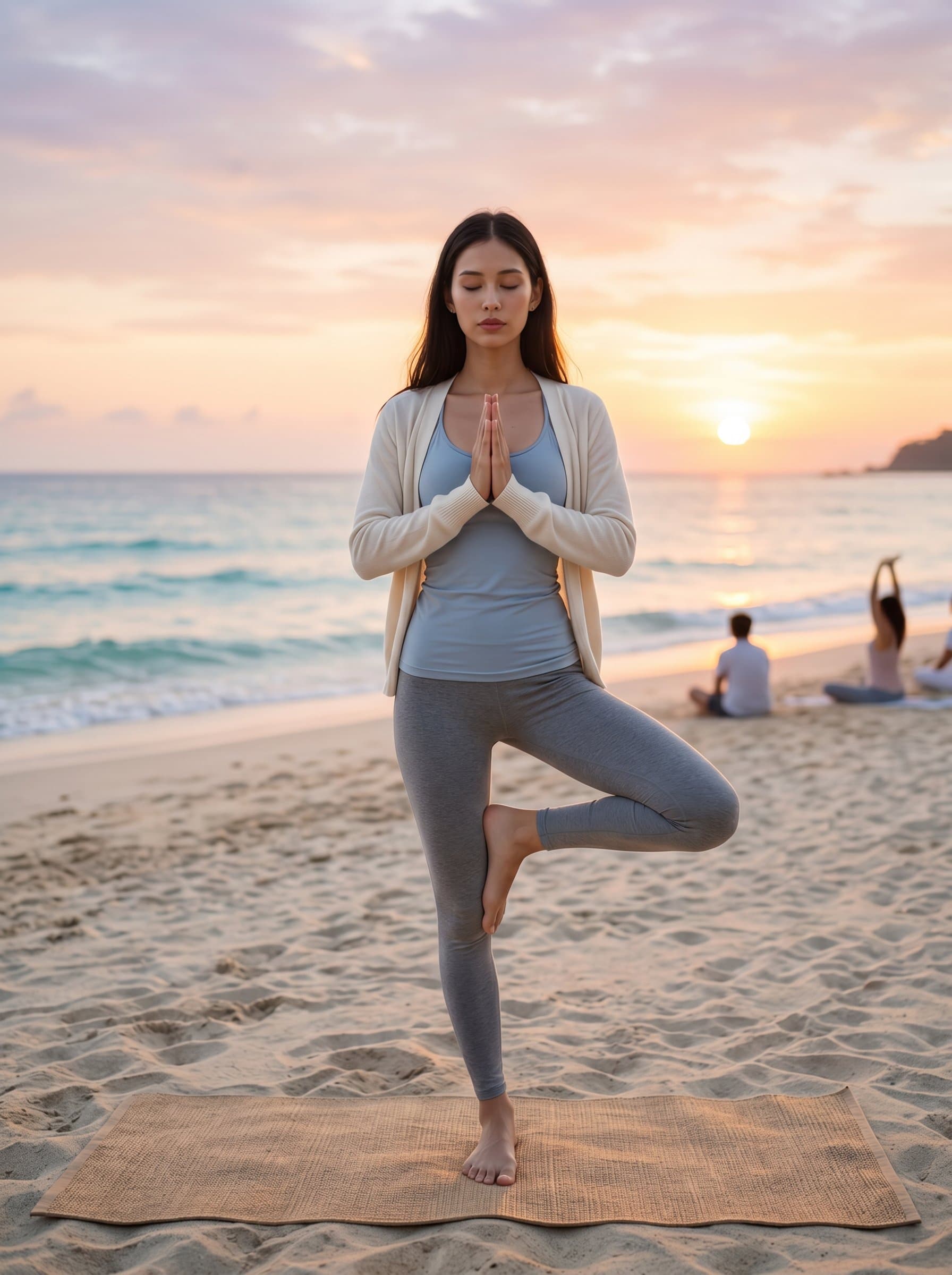 : Showcase a yoga instructor performing a gentle yoga pose on a beach at sunrise. The serene, natural lighting captures their focused calm and dedication to the practice, set against a tranquil seascape.