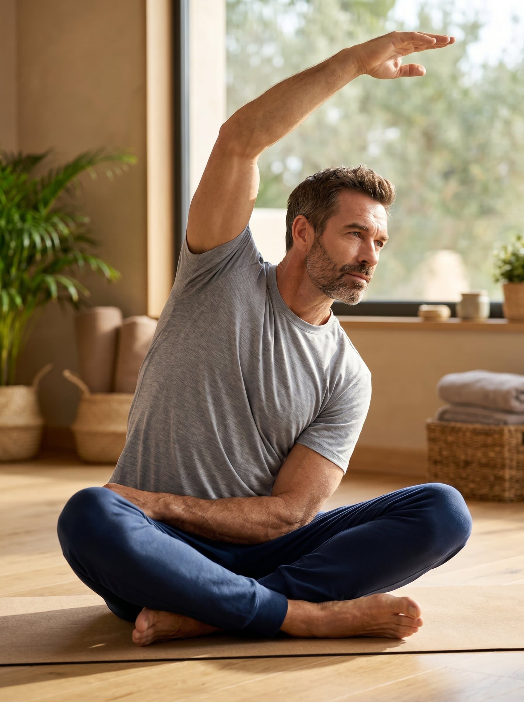 : Visualize a yoga instructor performing a gentle stretch in a sunlit room. The play of light on their face highlights a serene, focused expression, symbolizing calmness and dedication to their practice.