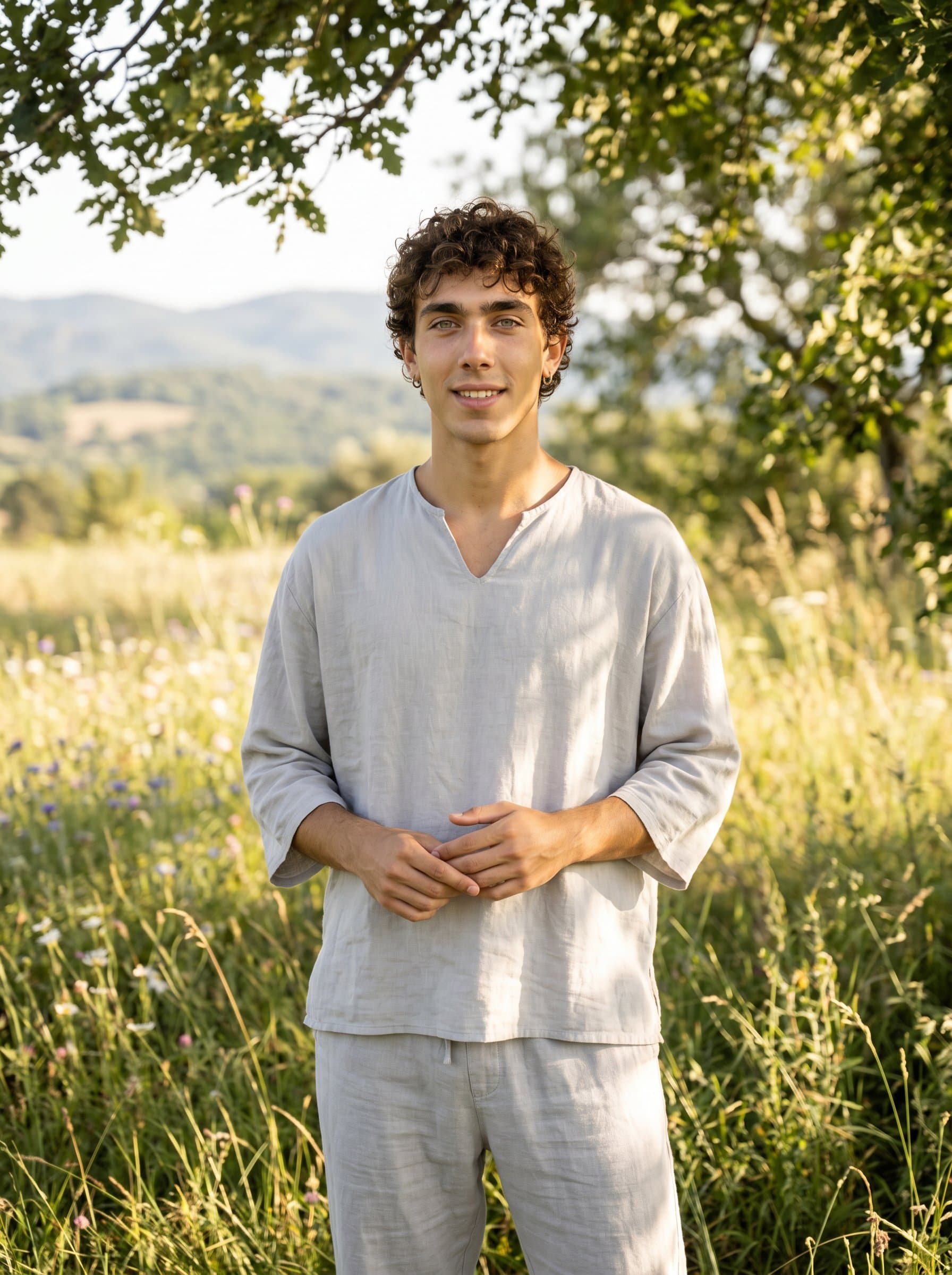 : Frame a yoga instructor standing in a sun-dappled meadow. Their gentle smile and relaxed posture, captured by the soft natural light, convey a message of peace and mindfulness, ideal for promotional use.