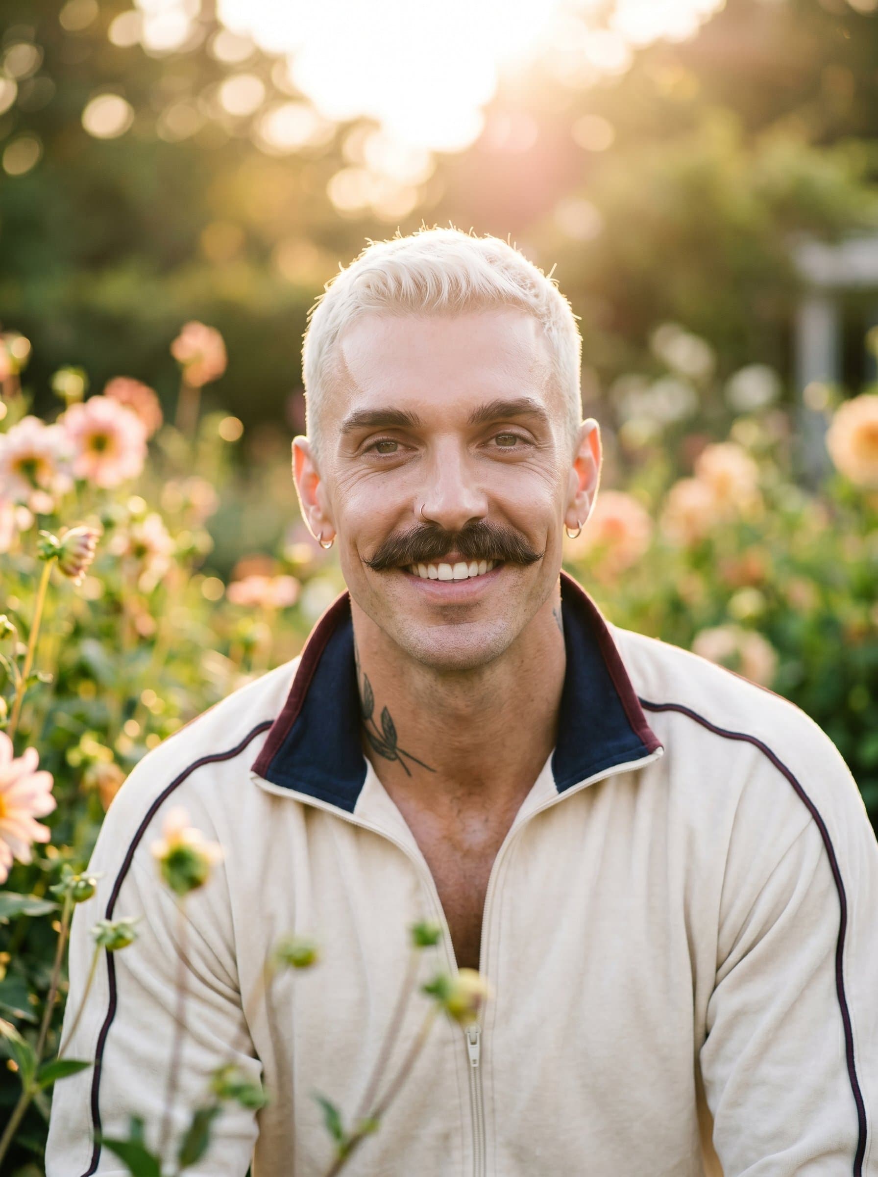 Outdoor headshot amidst lush garden scenery at golden hour. A modern and candid style, with soft natural light highlighting features. The ambiance is romantic and serene, reflecting the essence of wedding photography.