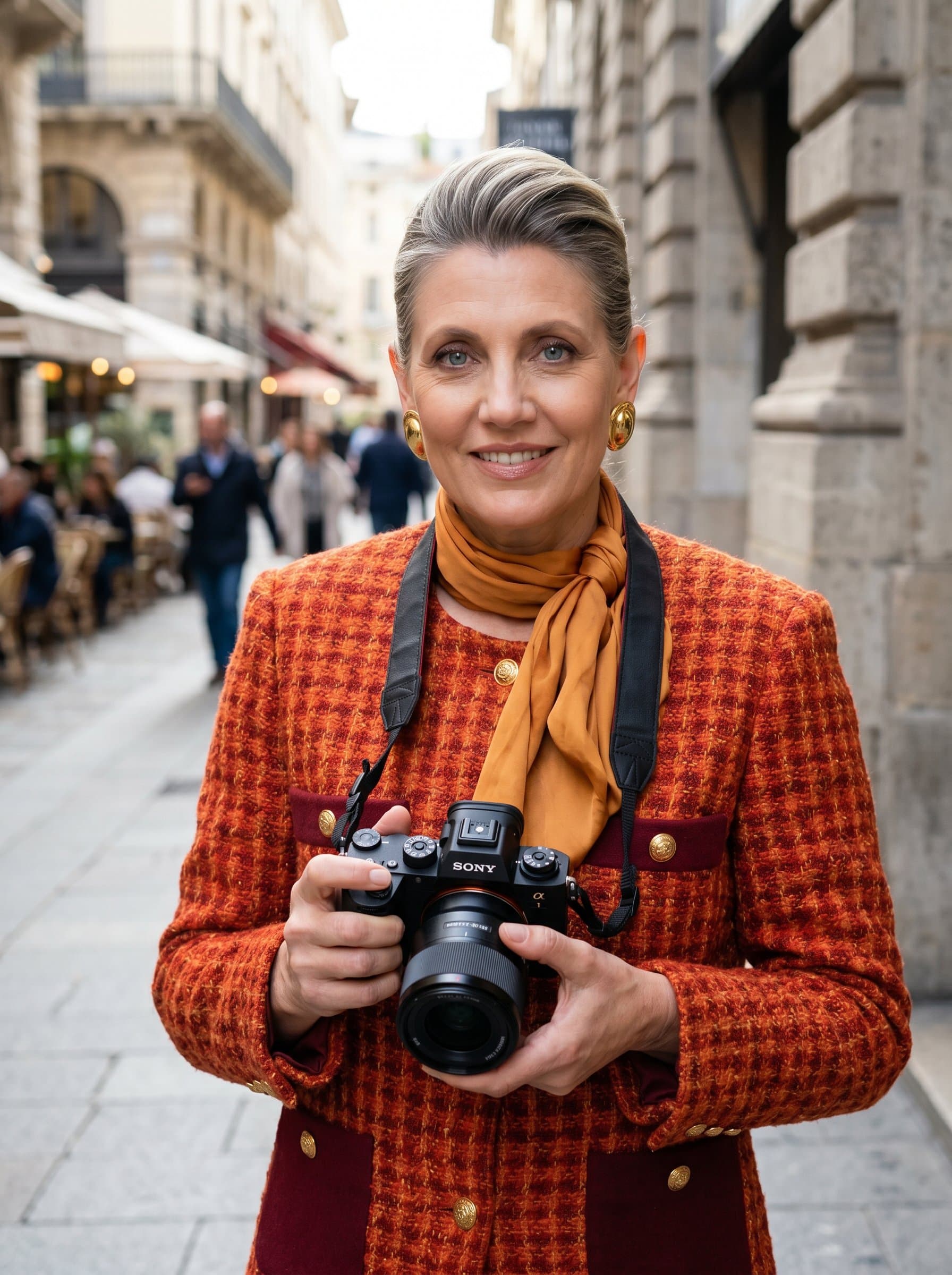 in a chic urban setting, capturing a modern wedding photographer's vibe. The backdrop features subtle city elements, and the lighting is crisp and clear, emphasizing a professional yet approachable demeanor.