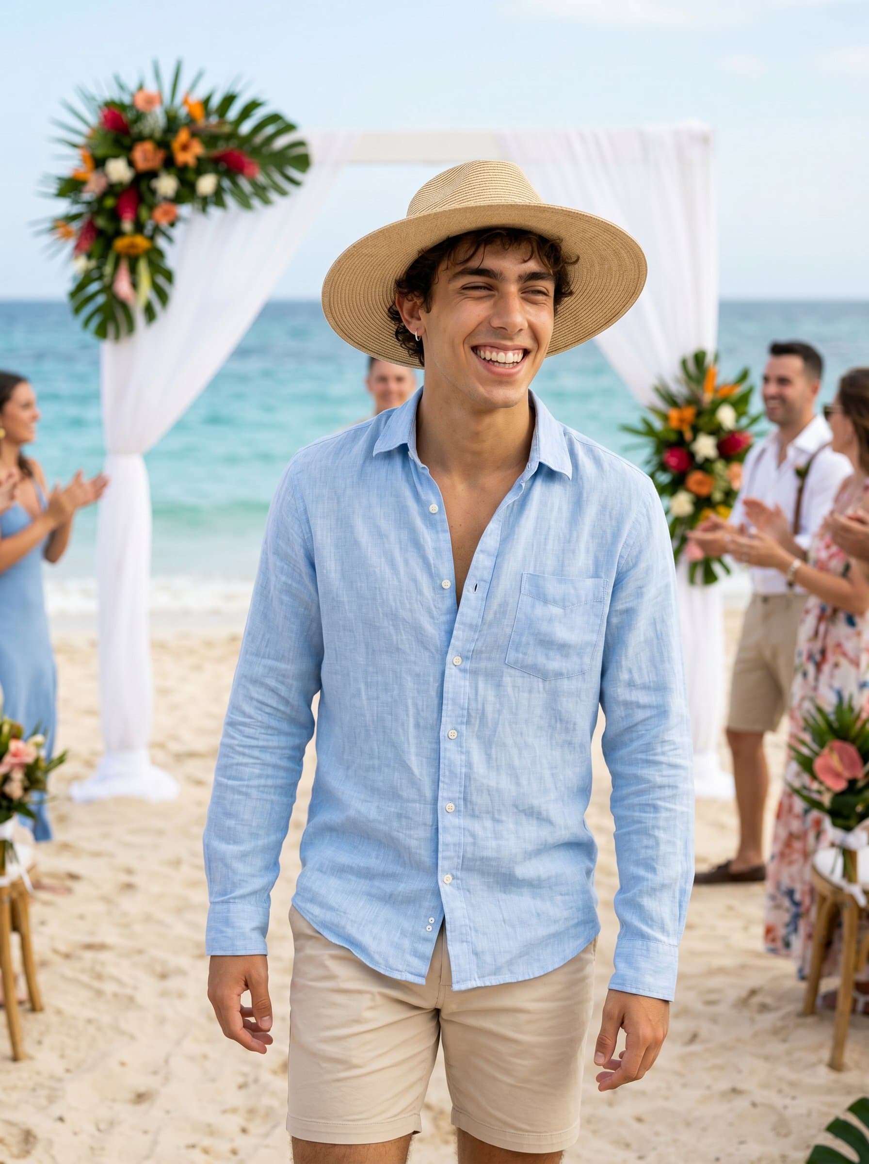 in an outdoor seaside location, reflecting a beach wedding theme. The lighting is bright and airy, capturing the fresh ocean breeze. The expression is joyful and relaxed, embodying the essence of a happy occasion.