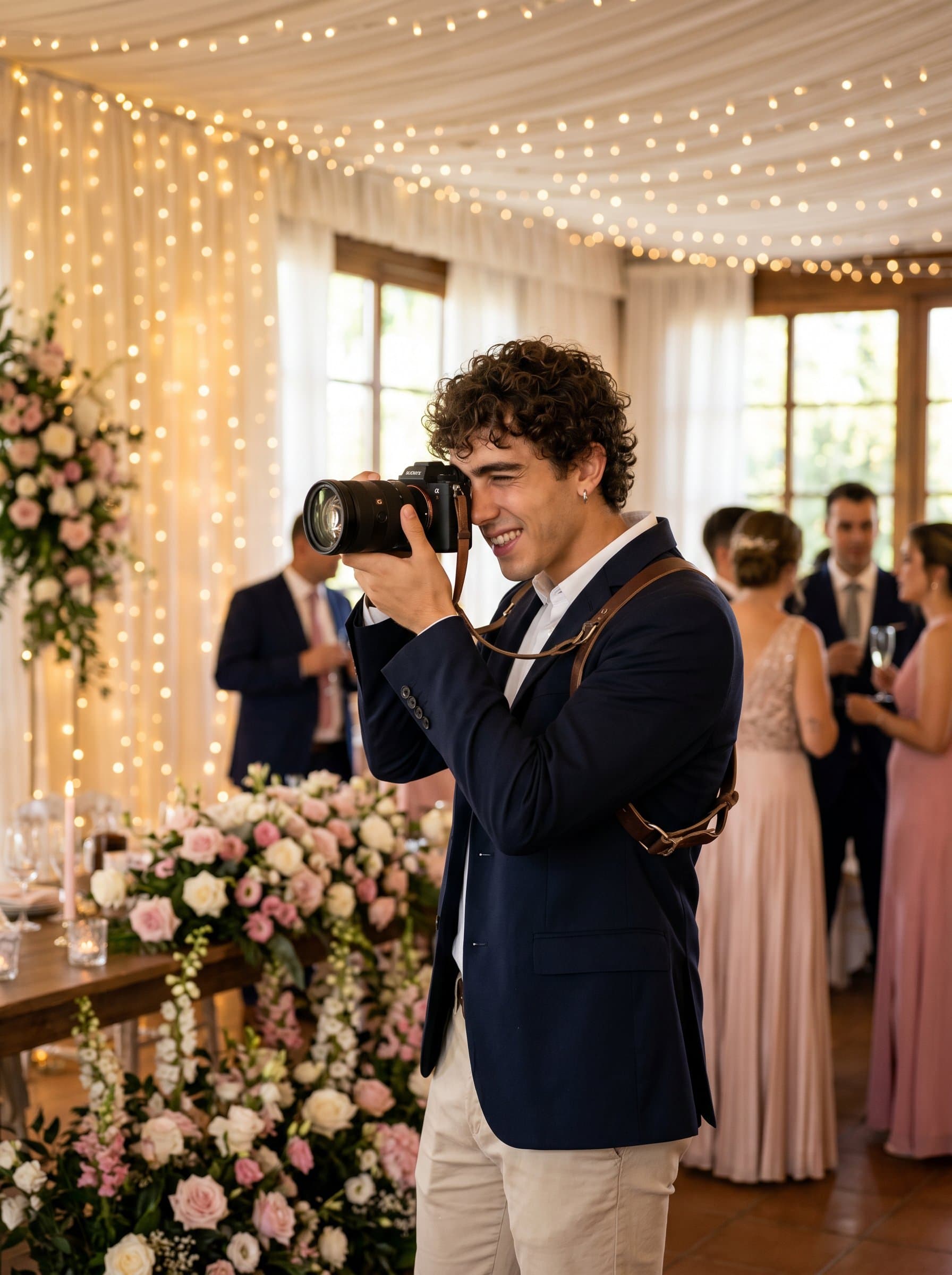 In a beautifully decorated wedding venue, poses with a camera in hand, epitomizing the role of a wedding photographer. The setting is elegant with floral arrangements, and the lighting is soft and inviting.
