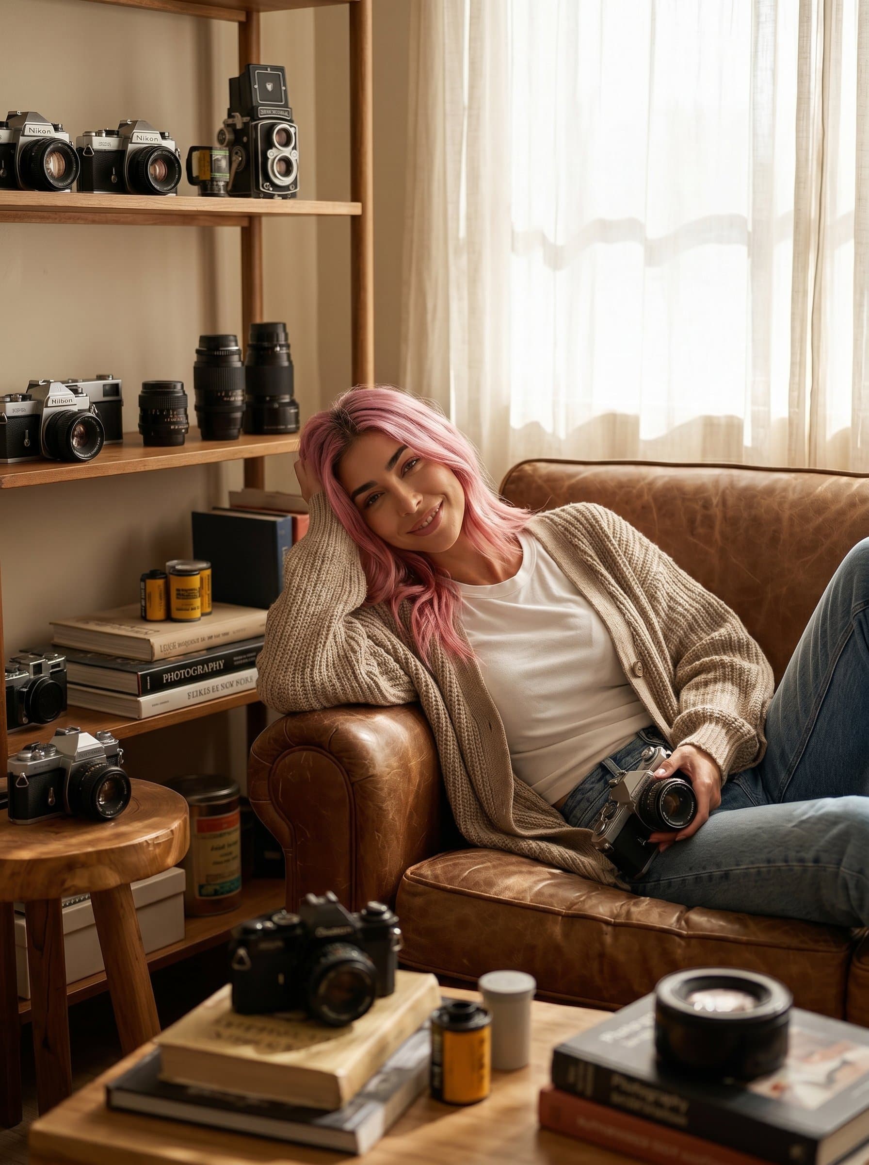 in a cozy home studio, showcasing a natural and relaxed style. Surrounded by vintage camera equipment, the lighting is soft, casting gentle shadows that create a warm, welcoming atmosphere.