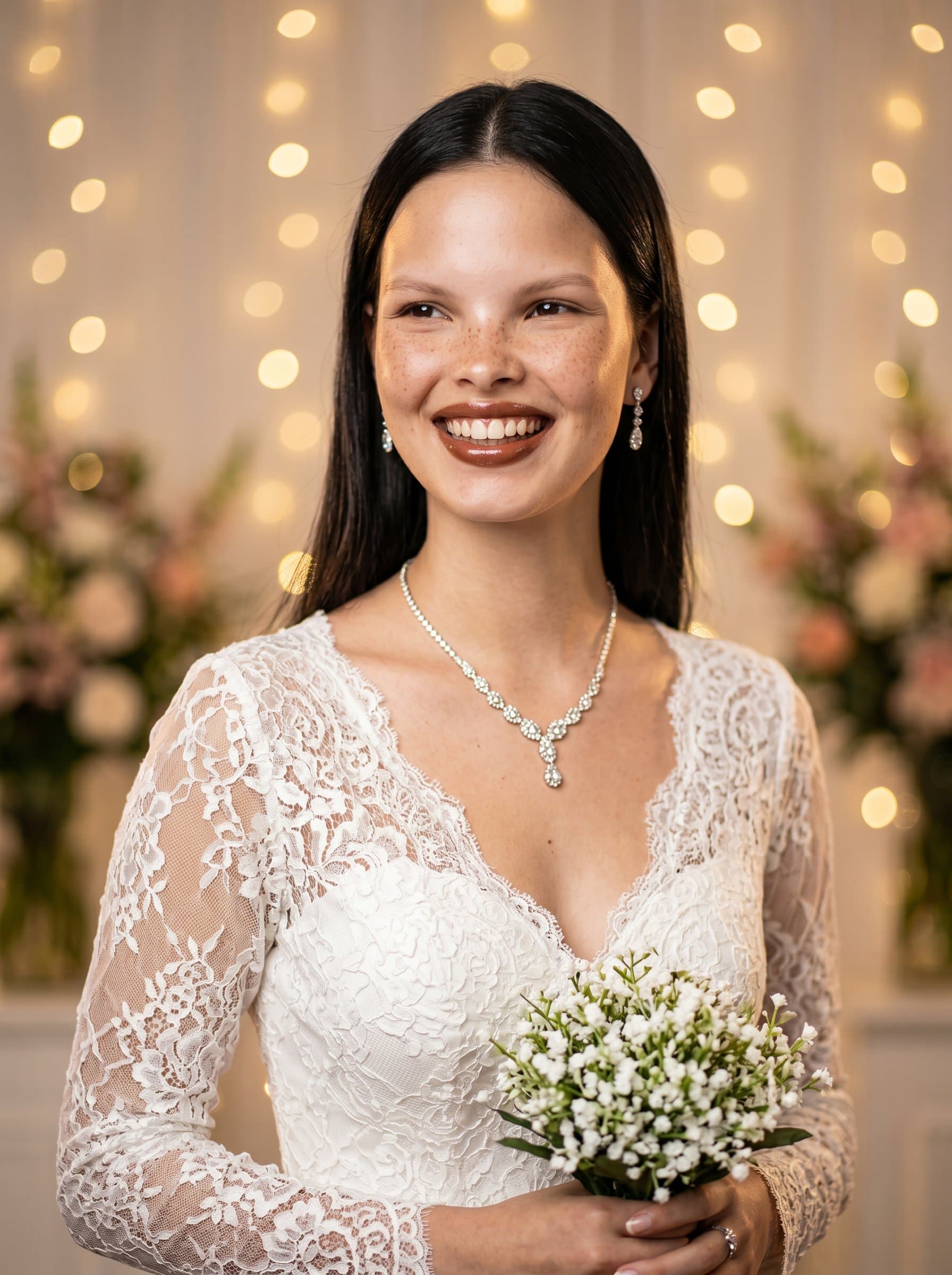 in a classic studio setting with warm, glamorous lighting, wearing elegant attire. The expression is joyful, capturing the excitement of a wedding day. A tasteful bokeh effect adds a dreamy touch.