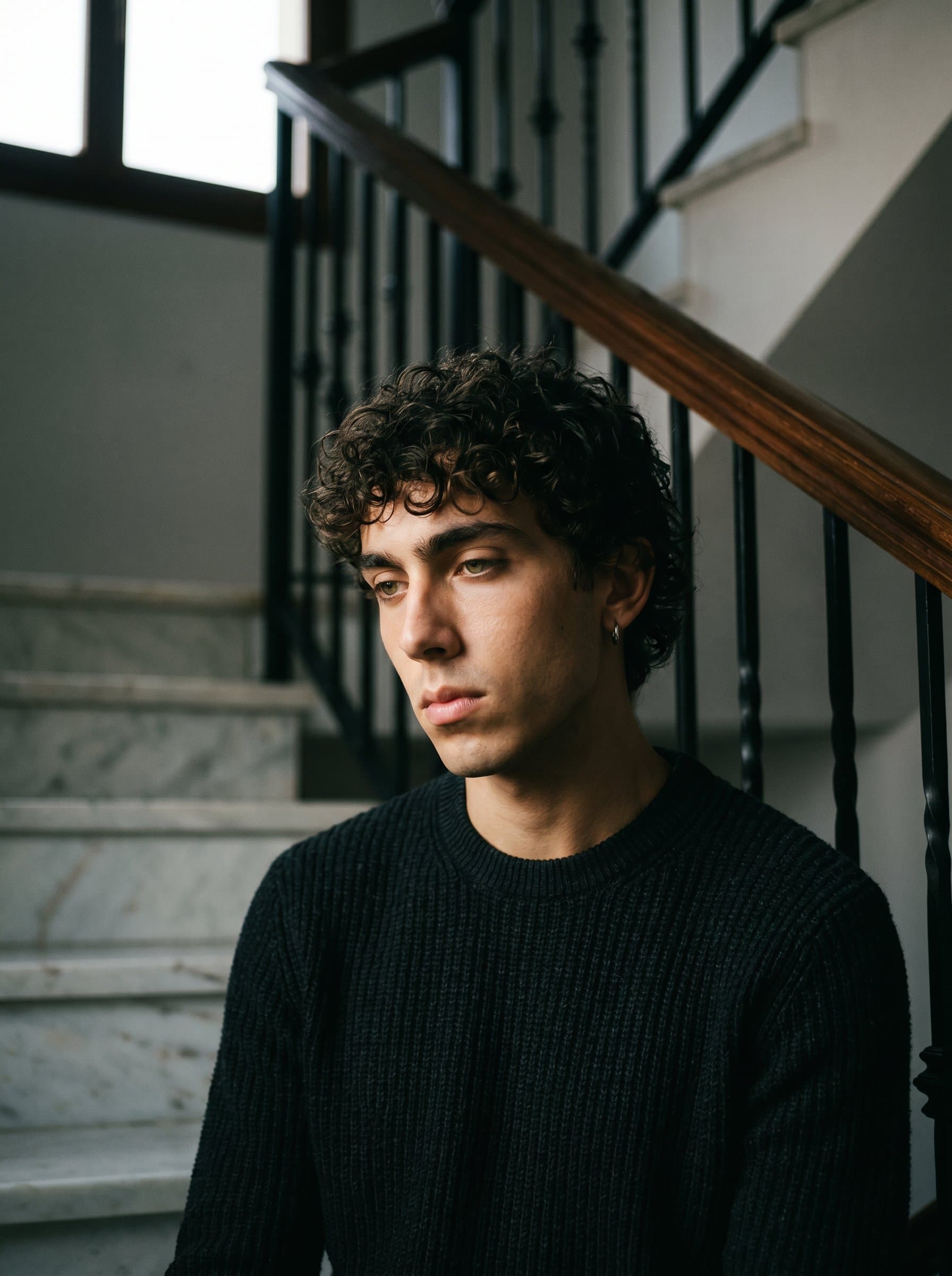 captured in a moment of reflection at an elegant indoor staircase. The classic style headshot highlights a sense of grace and poise, with moody lighting adding depth and character to the portrait.