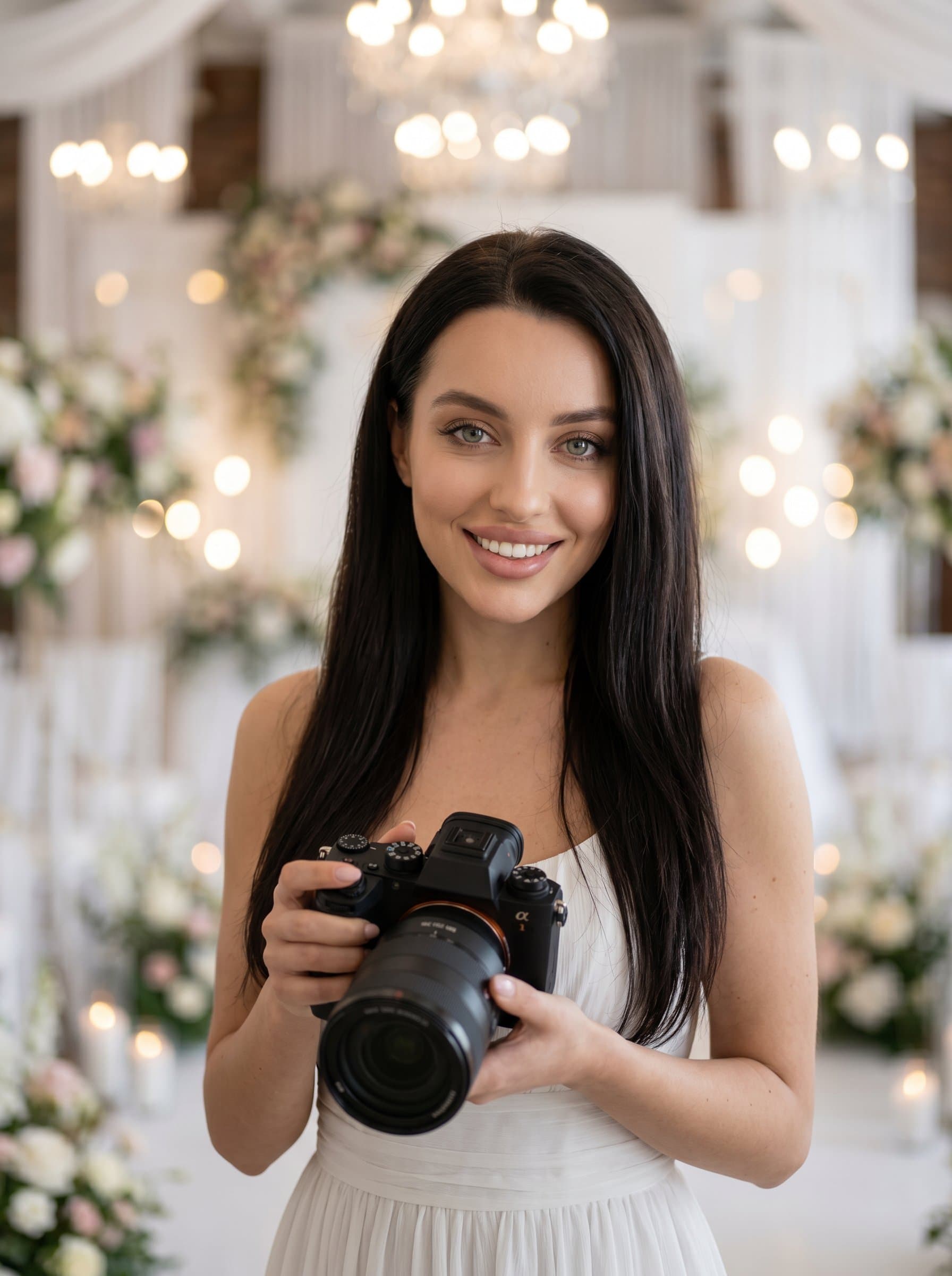 Close-up of with a backdrop of blurred wedding decorations. The classic lighting accentuates facial features, while a subtle smile conveys confidence and warmth—a perfect representation of a wedding photographer's passion.
