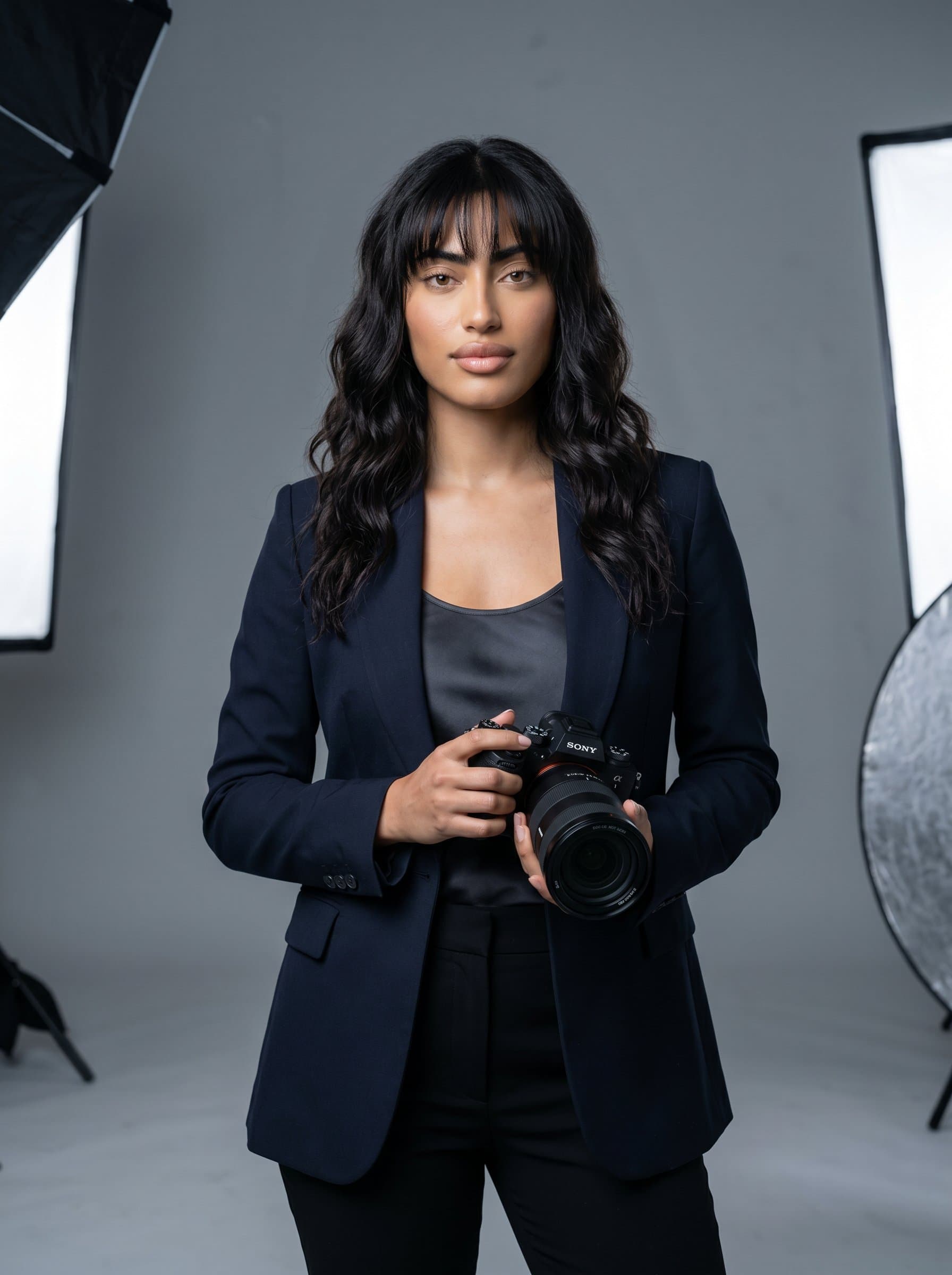 In a minimalist studio, stands with a sleek camera. The modern lighting is cool and even, focusing on a professional demeanor. The simplicity of the setting highlights a sophisticated, contemporary style.