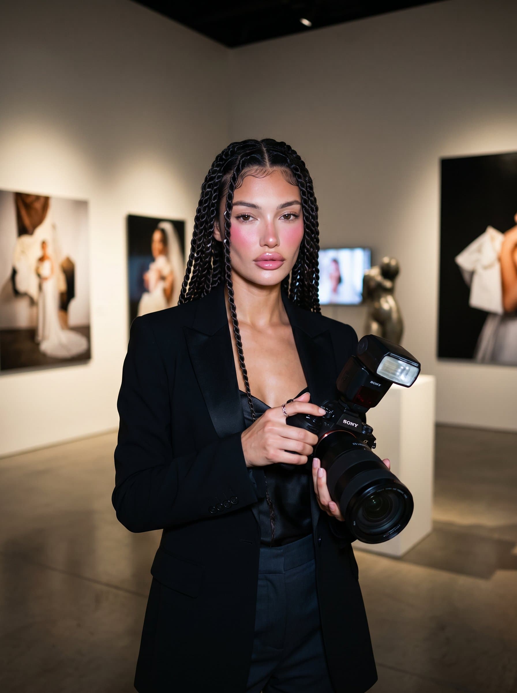 in a contemporary art gallery, symbolizing creativity. The modern setting is complemented by soft, directional lighting, adding elegance. The posture is confident, capturing the innovative spirit of a wedding photographer.