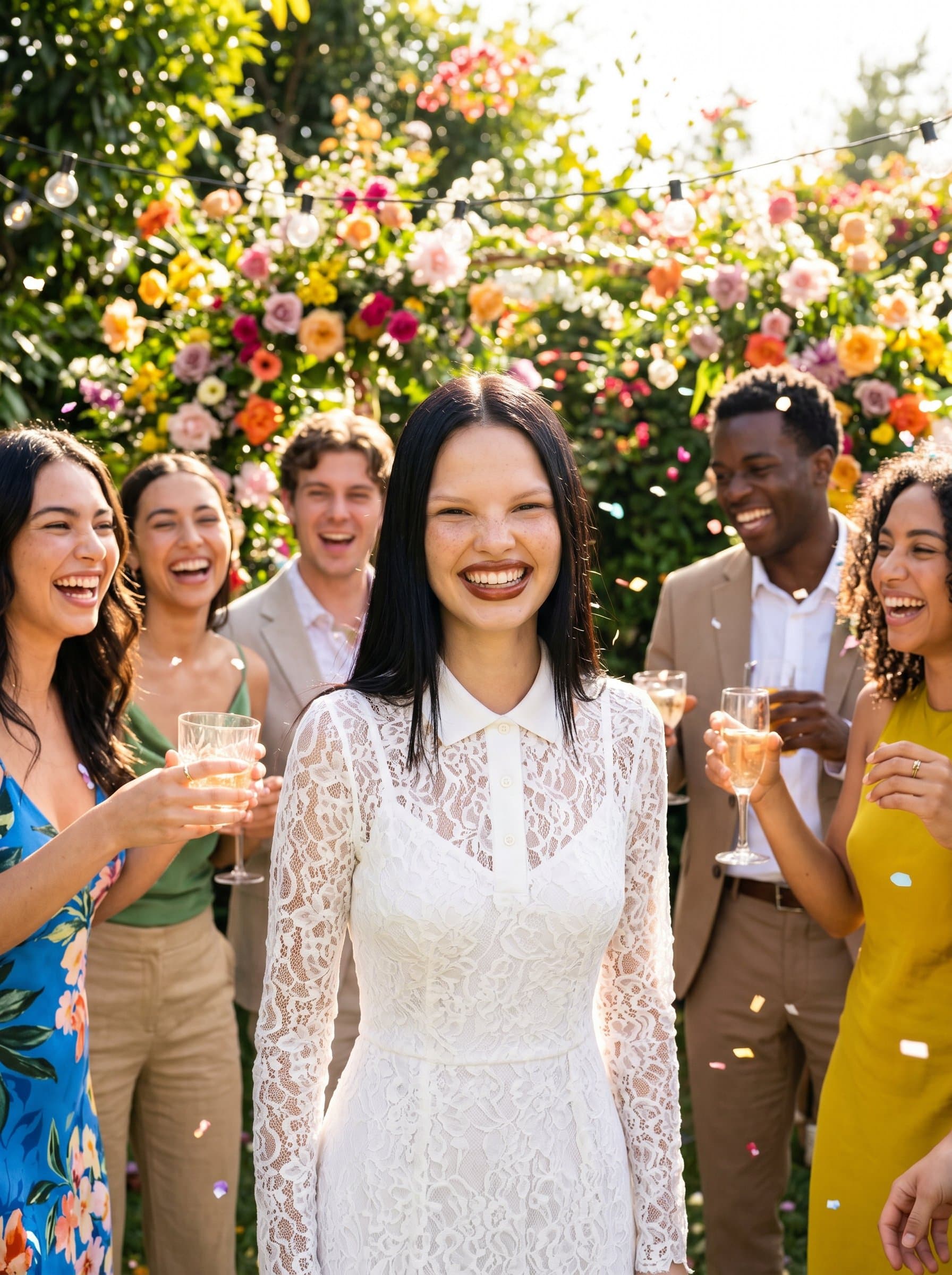 in a vibrant garden, surrounded by colorful flowers. The style is modern and fresh, with bright and cheerful lighting. The composition reflects the energy and joy typical of a wedding celebration.