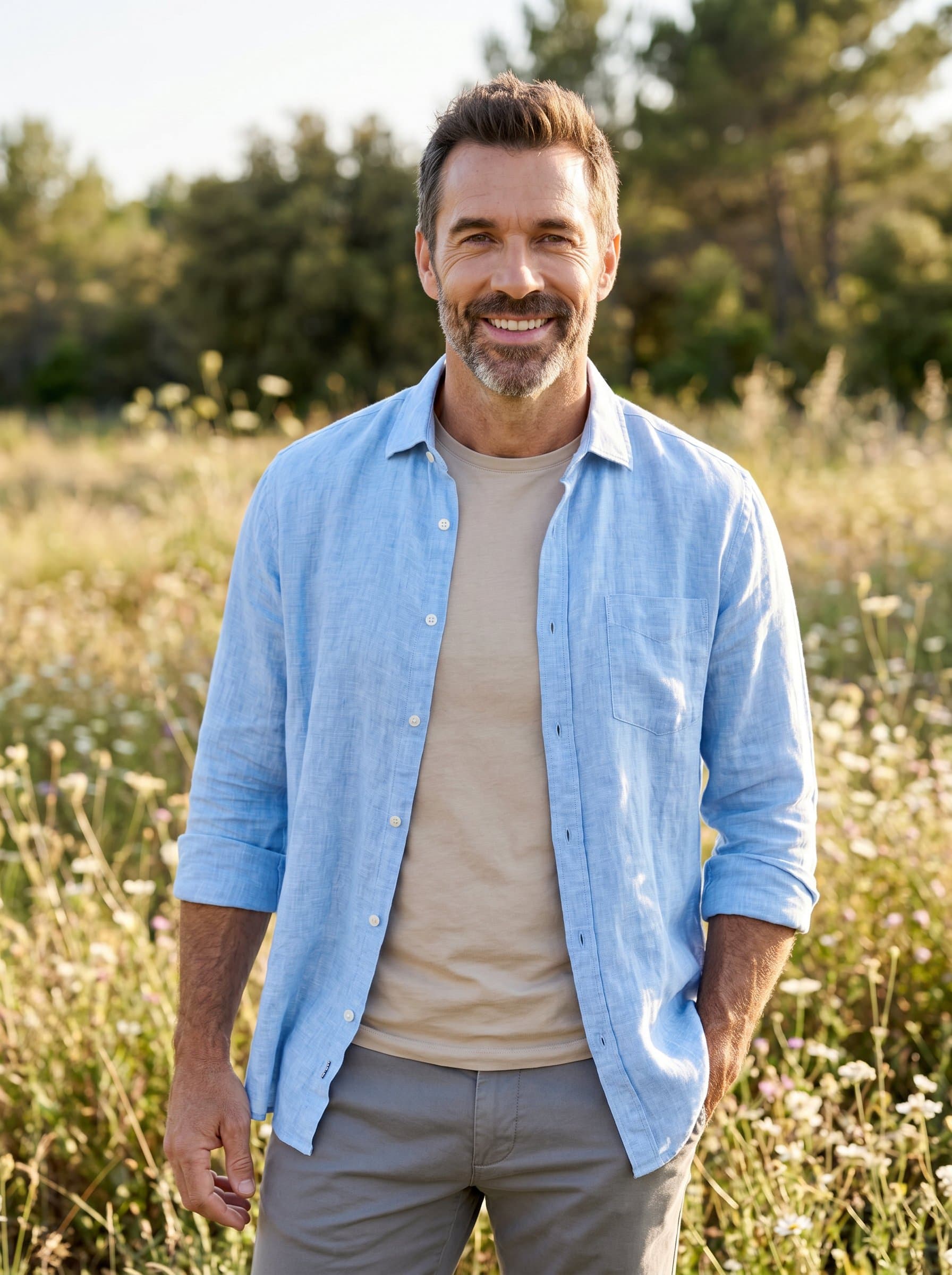 in a sunlit meadow, wearing casual attire that speaks to an outdoor wedding style. The natural light enhances the serene atmosphere, with a relaxed pose that conveys approachability and warmth.
